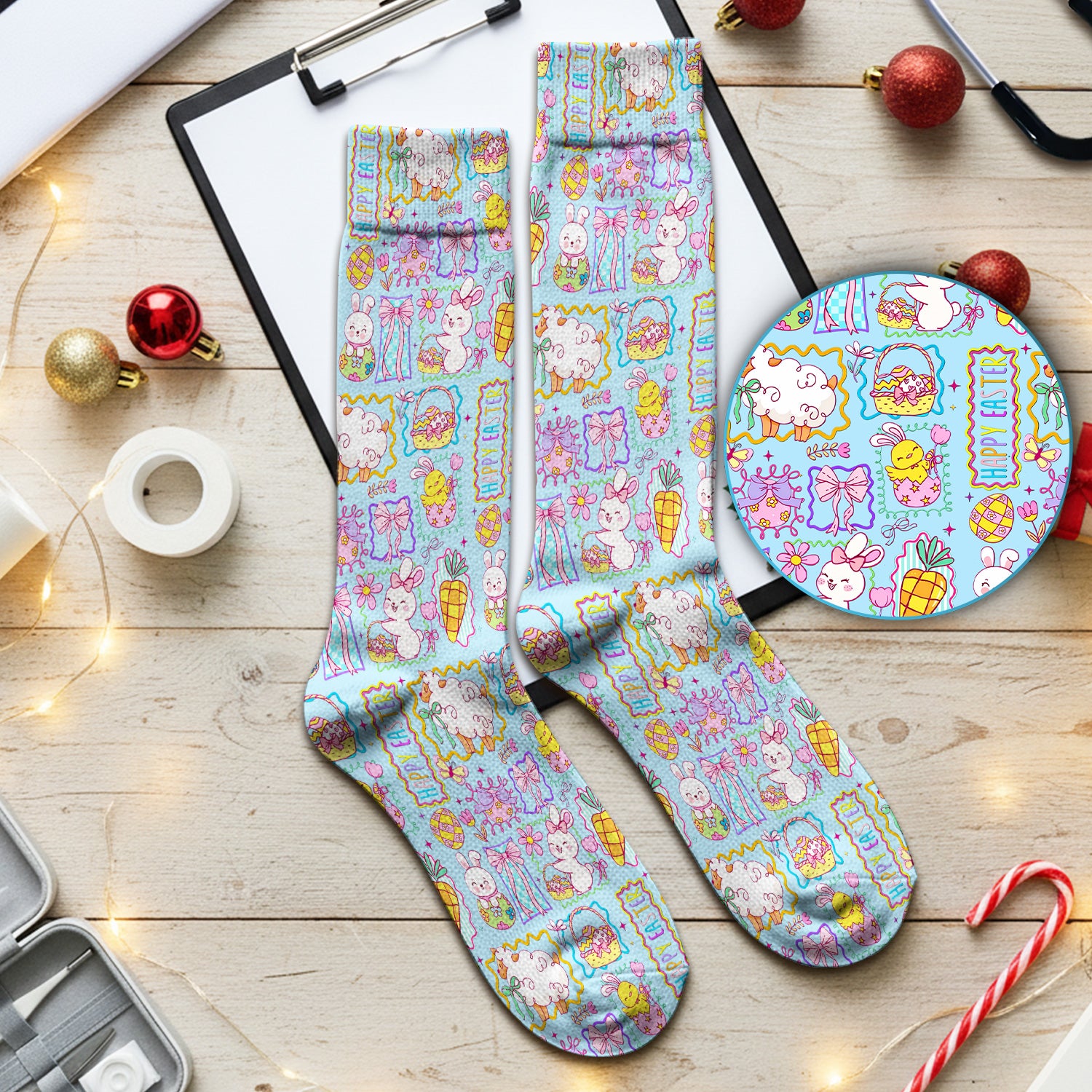 Cute Easter Bunny Egg and Bow Print Socks, Breathable Fabrics Medical Uniform