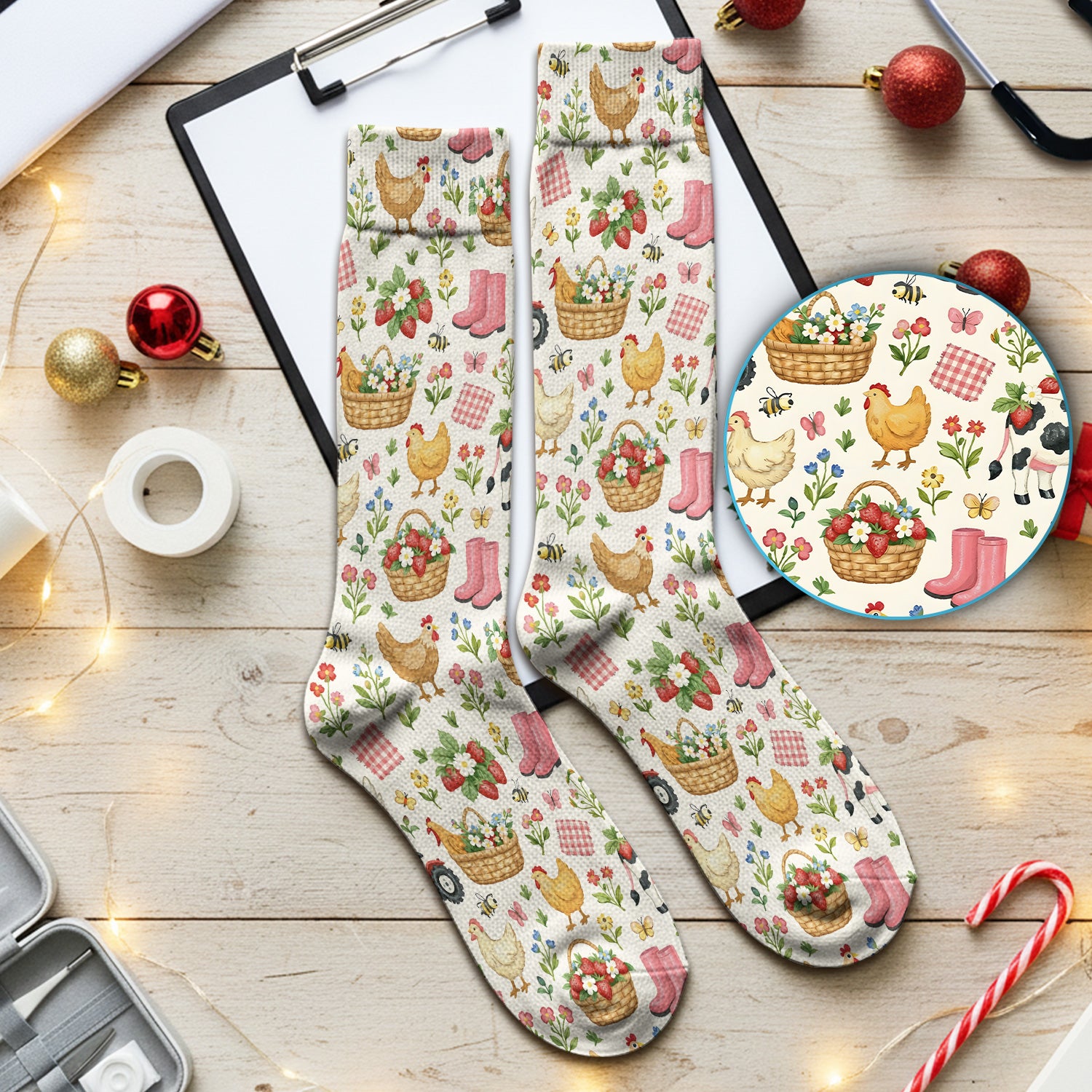 Whimsical Farm Animals Garden Pattern Print Socks, Adult Socks for Men and Women