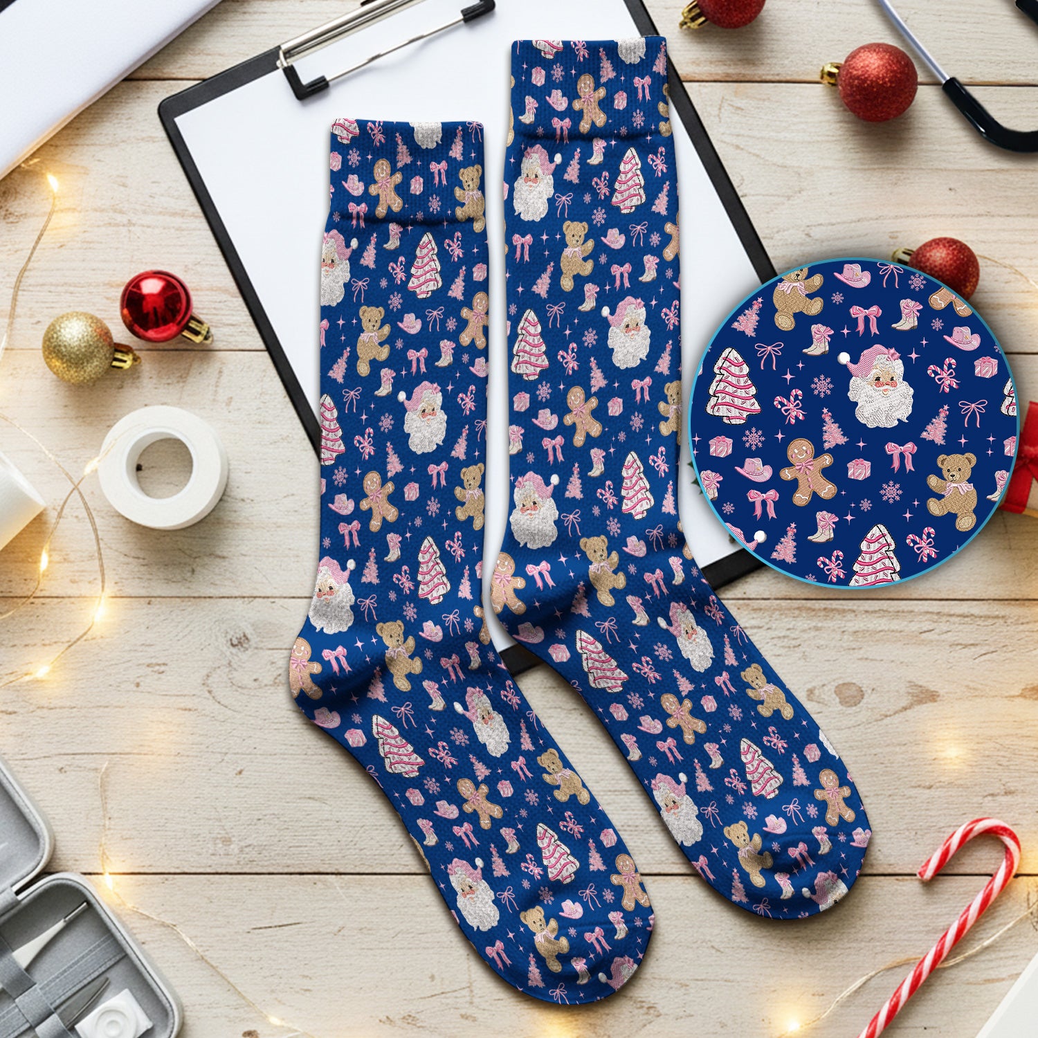 Pink Christmas Santa Gingerbread Scrub Socks, Cute Holiday Medical Pattern Sock, Breathable Fabrics Nursing Uniform