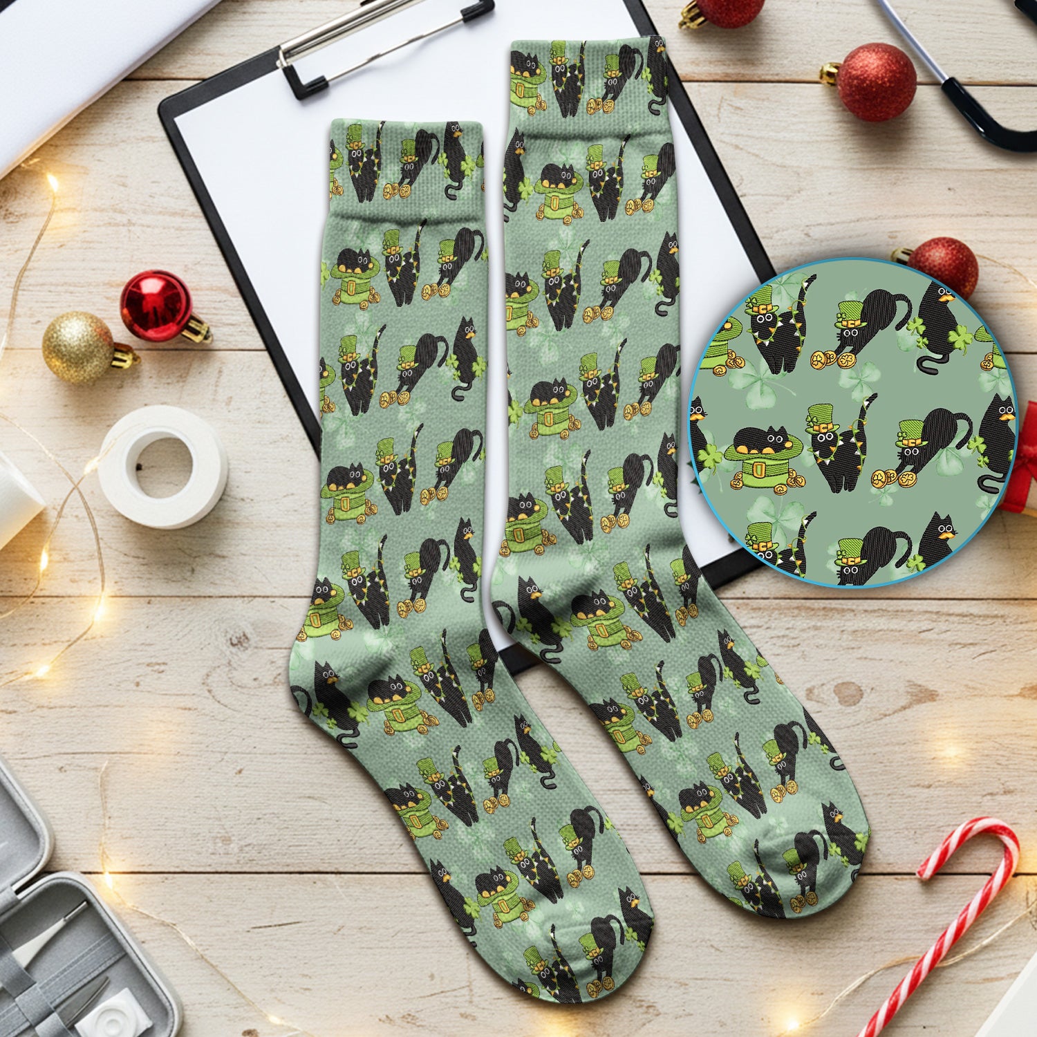 St. Patrick Black Cat Clover Print Medical Socks, Socks for Nurse Doctor