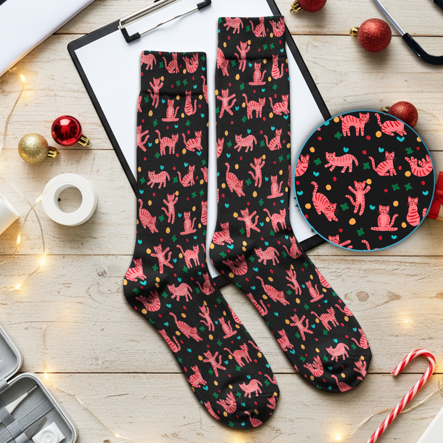 Cute Pink Cat Pattern Medical Socks, Adult Socks for Men and Women