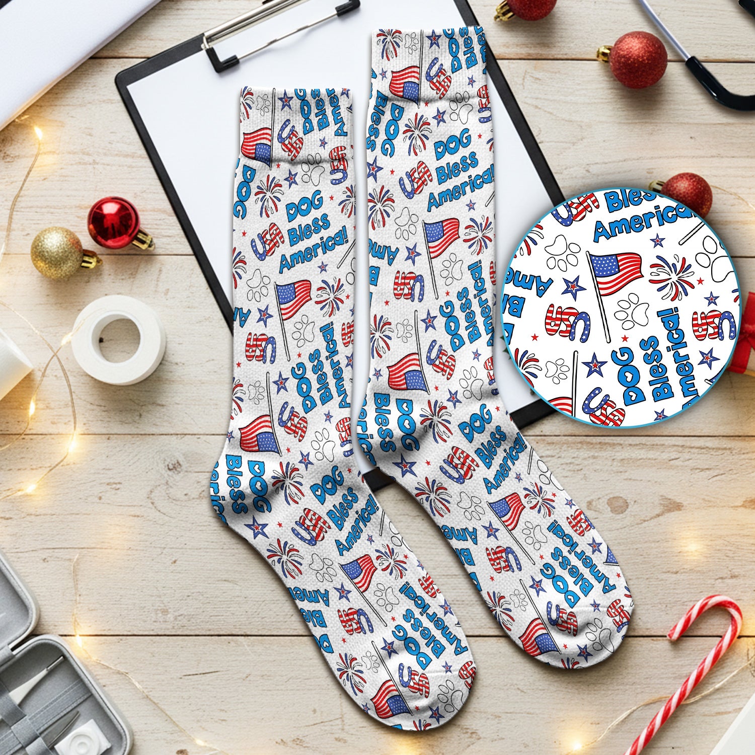 Funny Patriotic Dog Bless America Flag Pattern Socks, Breathable Fabrics Medical Uniform