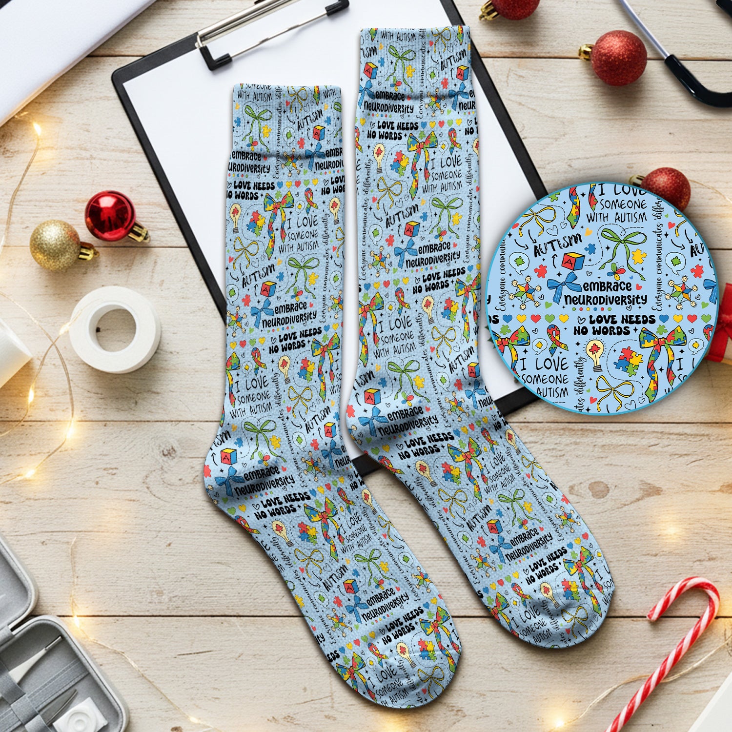 Autism Awareness Puzzle Ribbon Pattern Print Socks, Adult Socks for Men and Women
