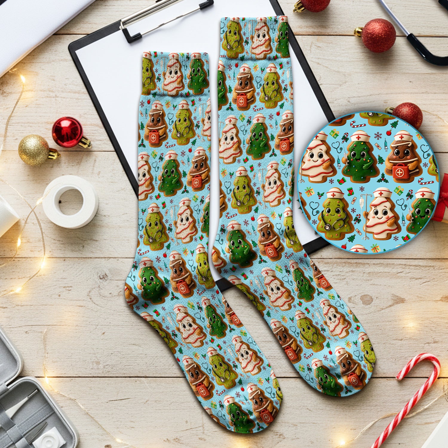 Christmas Cookie Scrub Socks – Festive Nurse & Holiday Tree Pattern – Cute Medical Uniform for Nurses, Vets and Healthcare Workers