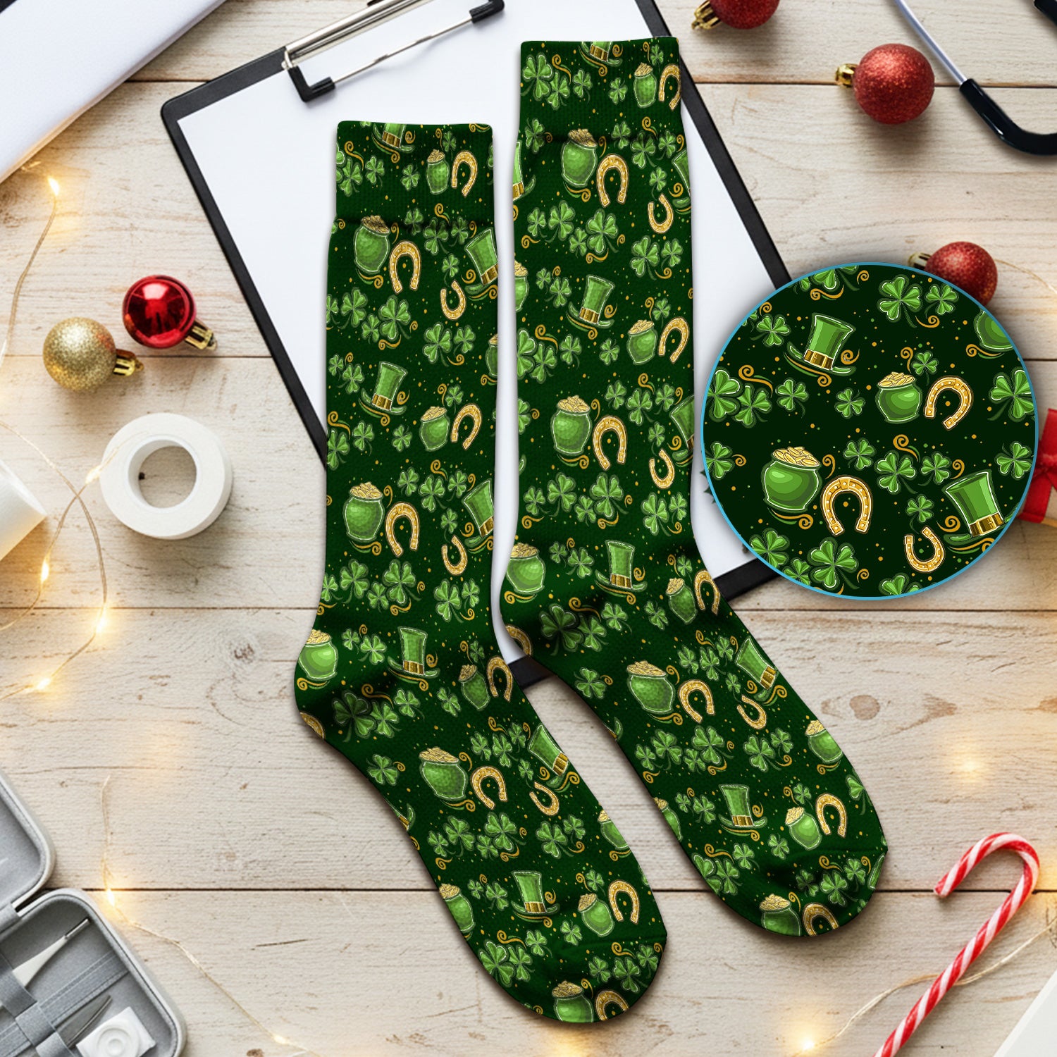 St. Patrick Shamrock Pattern Socks, Adult Socks for Men and Women