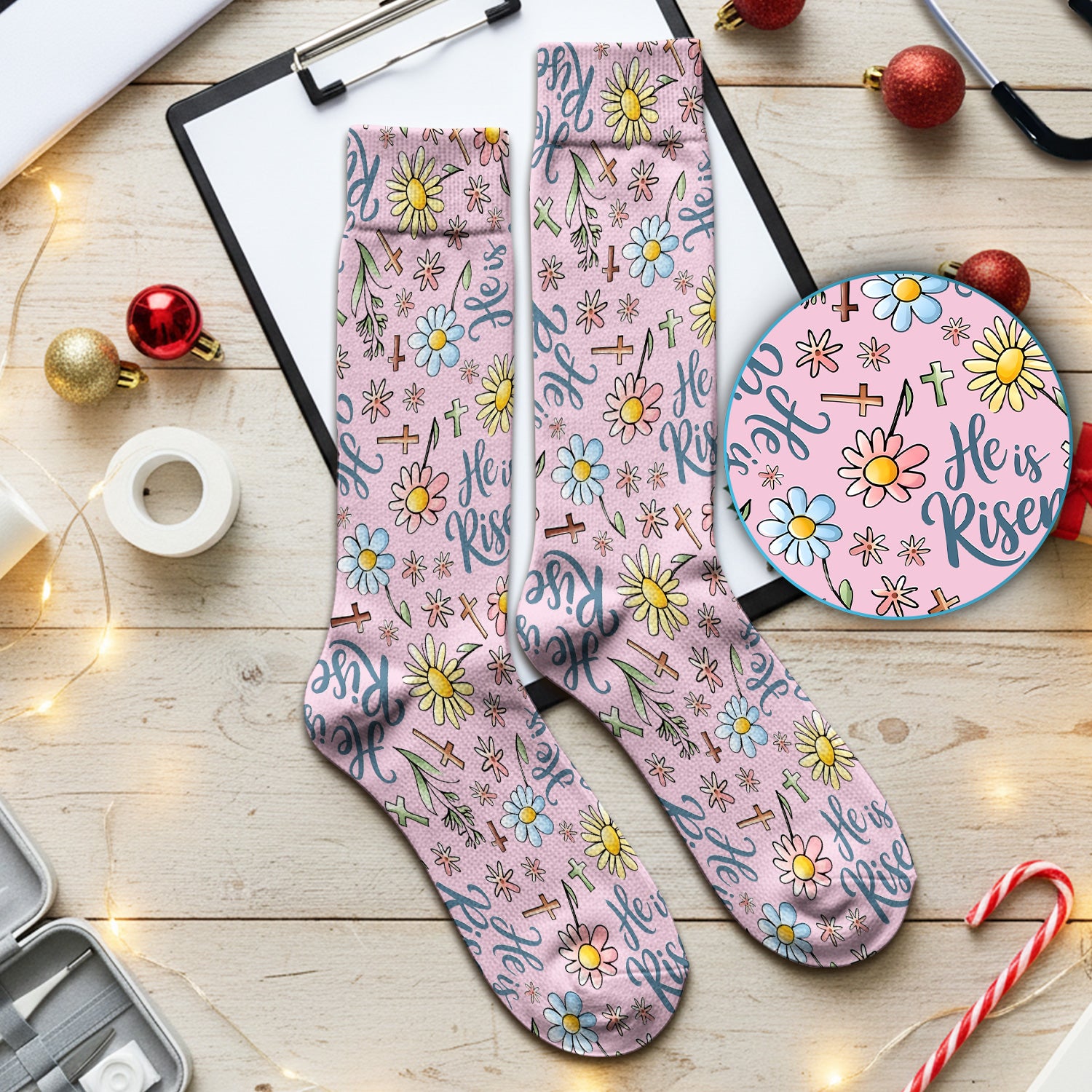 He Is Risen Cross Flower Pattern Socks, Adult Socks for Men and Women