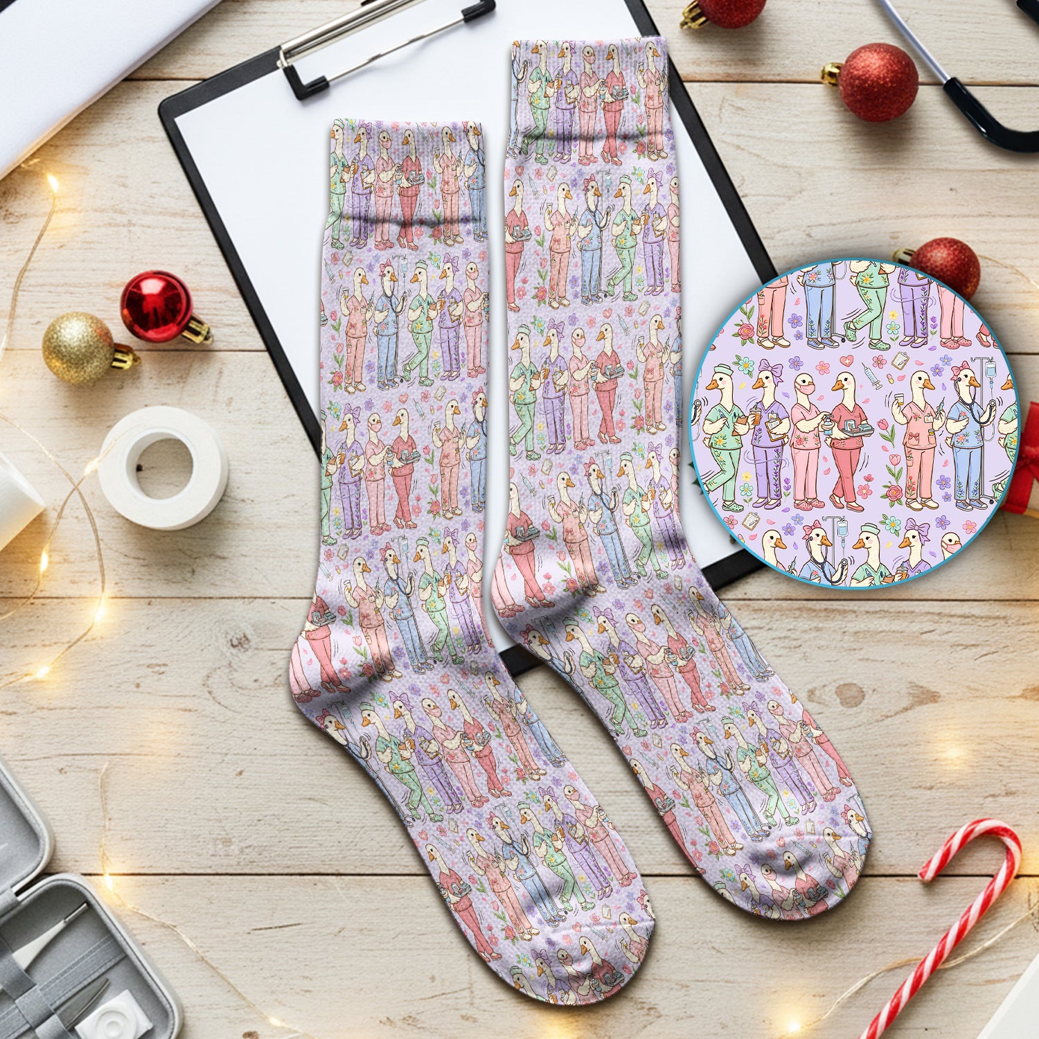 Goose Characters Floral Medical Team Uniform Pattern Socks, Breathable Fabrics Medical Uniform