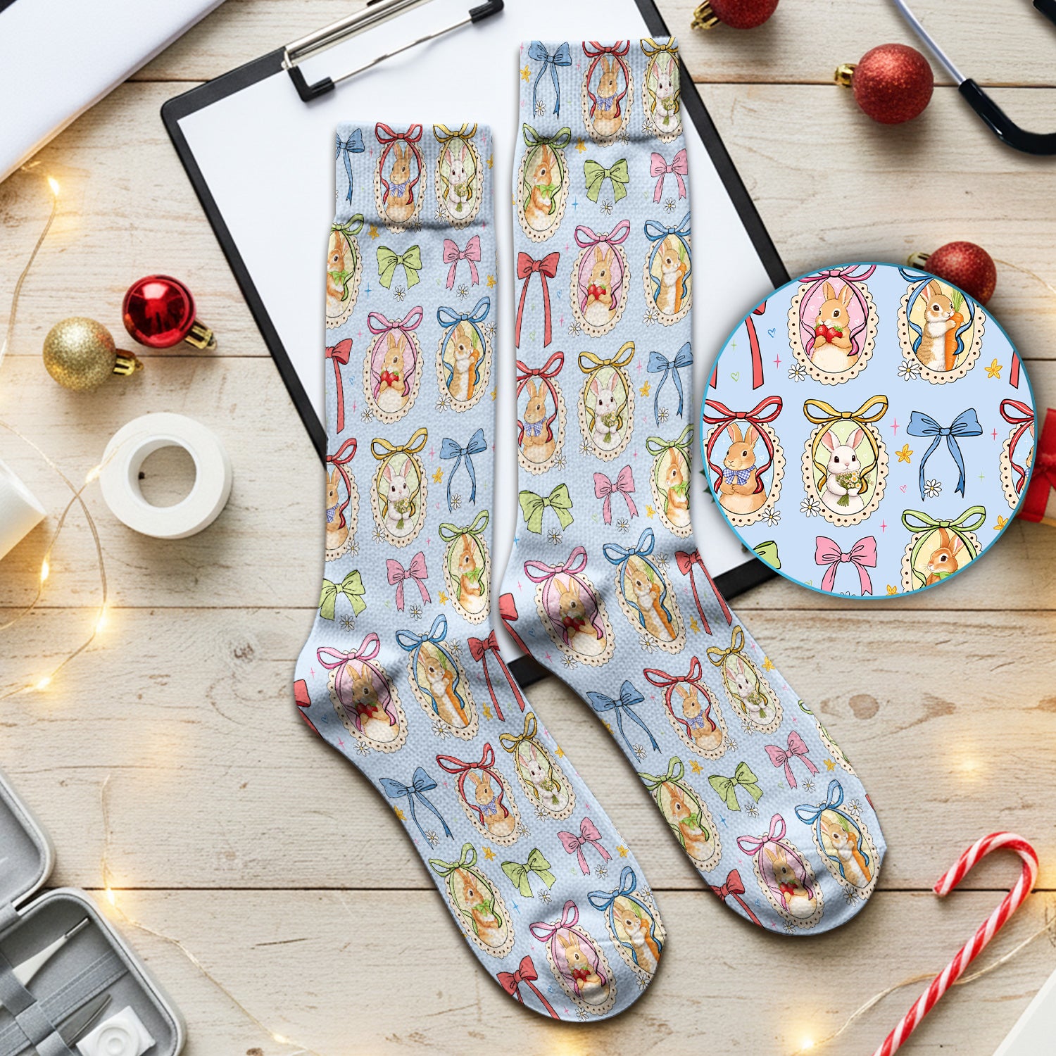 Cute Easter Bunny Cameo Colorful Bow Patternl Socks, Socks for Nurse Doctor