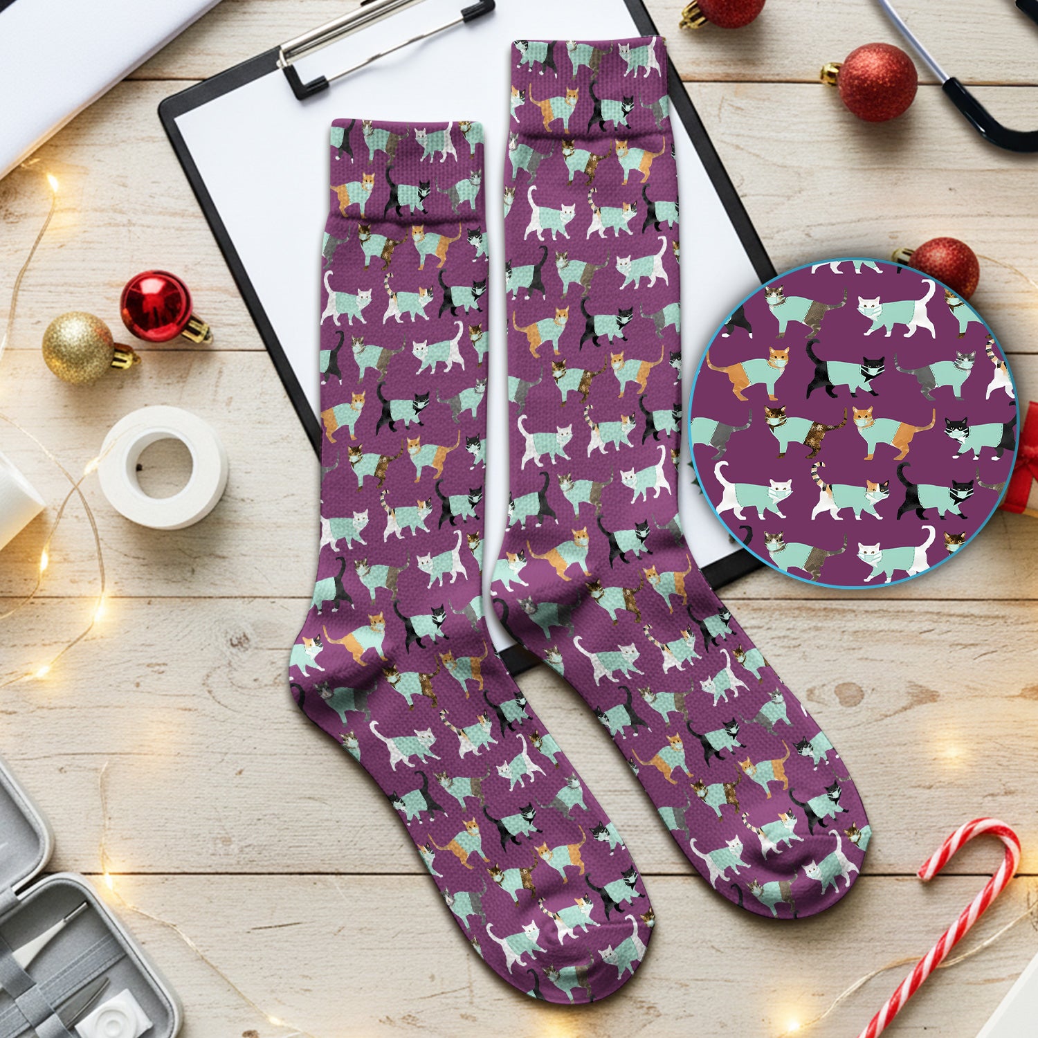 Playful Cat Nurse All Over Print Socks, Breathable Fabrics Medical Uniform