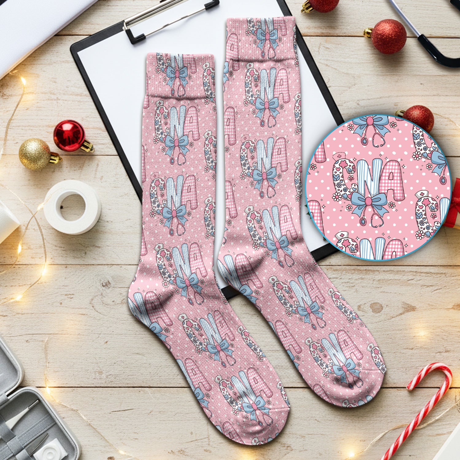 Cute CNA Floral Bow Pattern Print Socks, Adult Socks for Men and Women