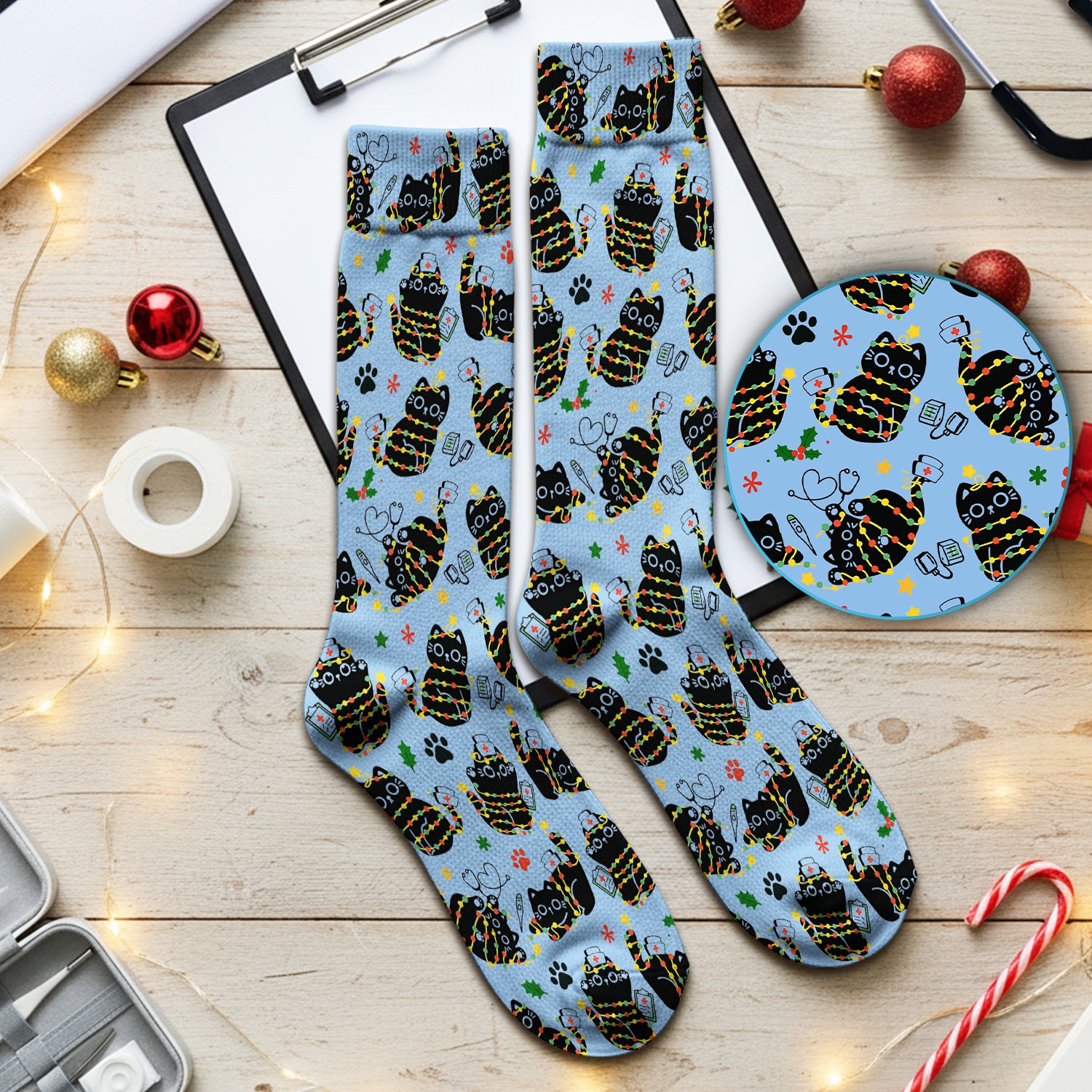 Black Cat Christmas Scrub Socks – Nurse & Holiday Lights Pattern Sock – Cute Medical Uniform For Nursing