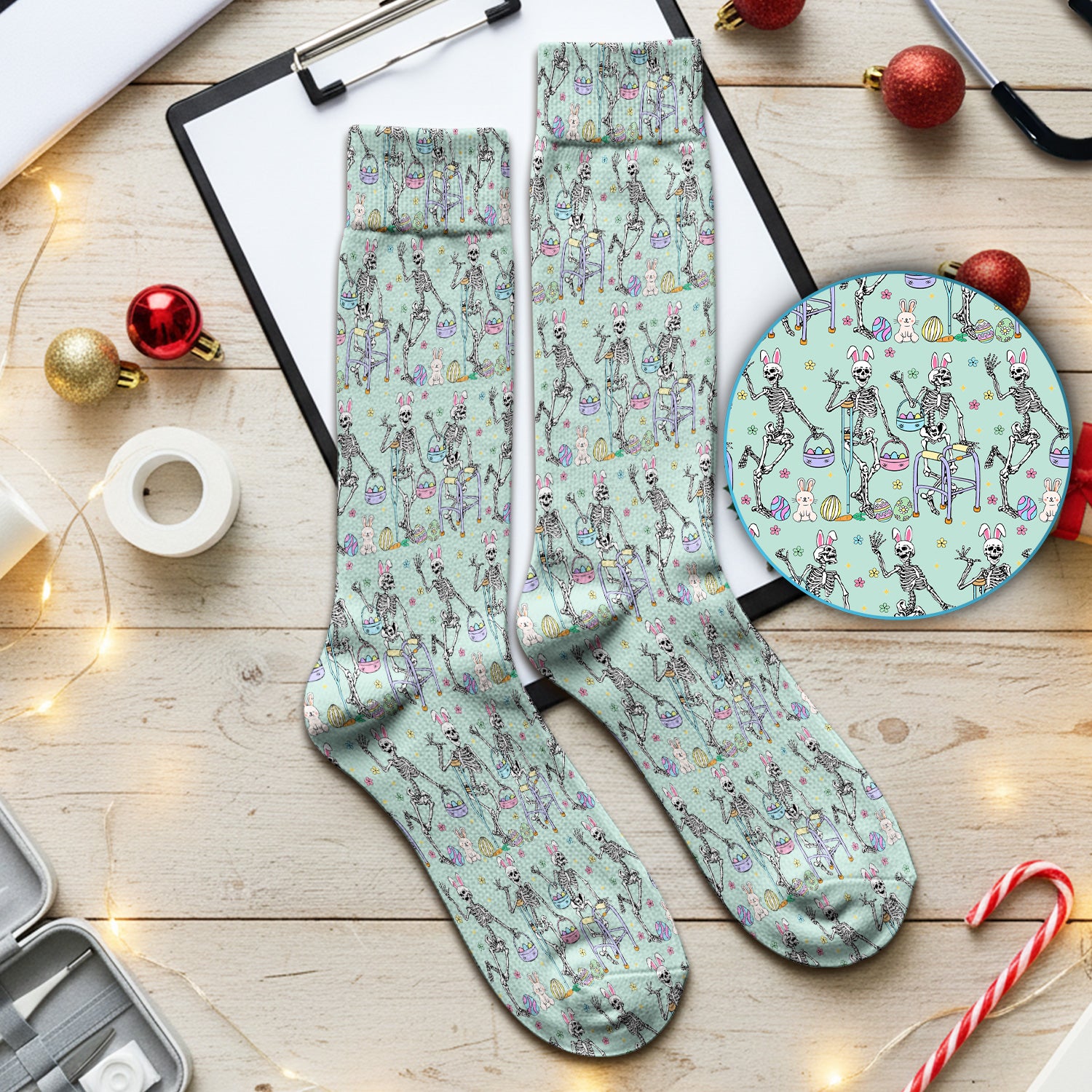 Fun Skeleton Bunny Easter Print Socks, Breathable Fabrics Medical Uniform