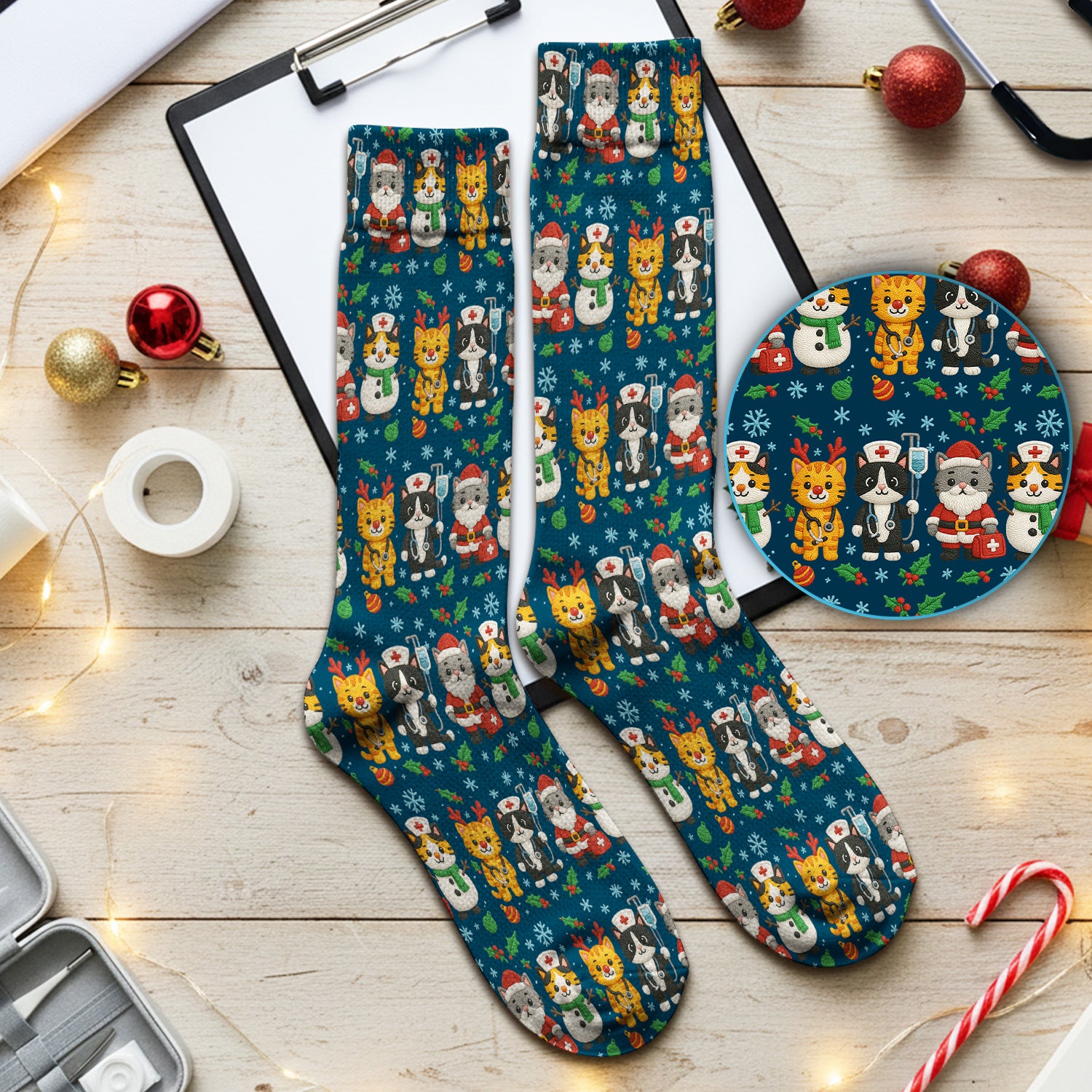 Christmas Cat Nurse Pattern Scrub Socks, Cute Holiday Kitty Medical Uniform Sock For Nursing