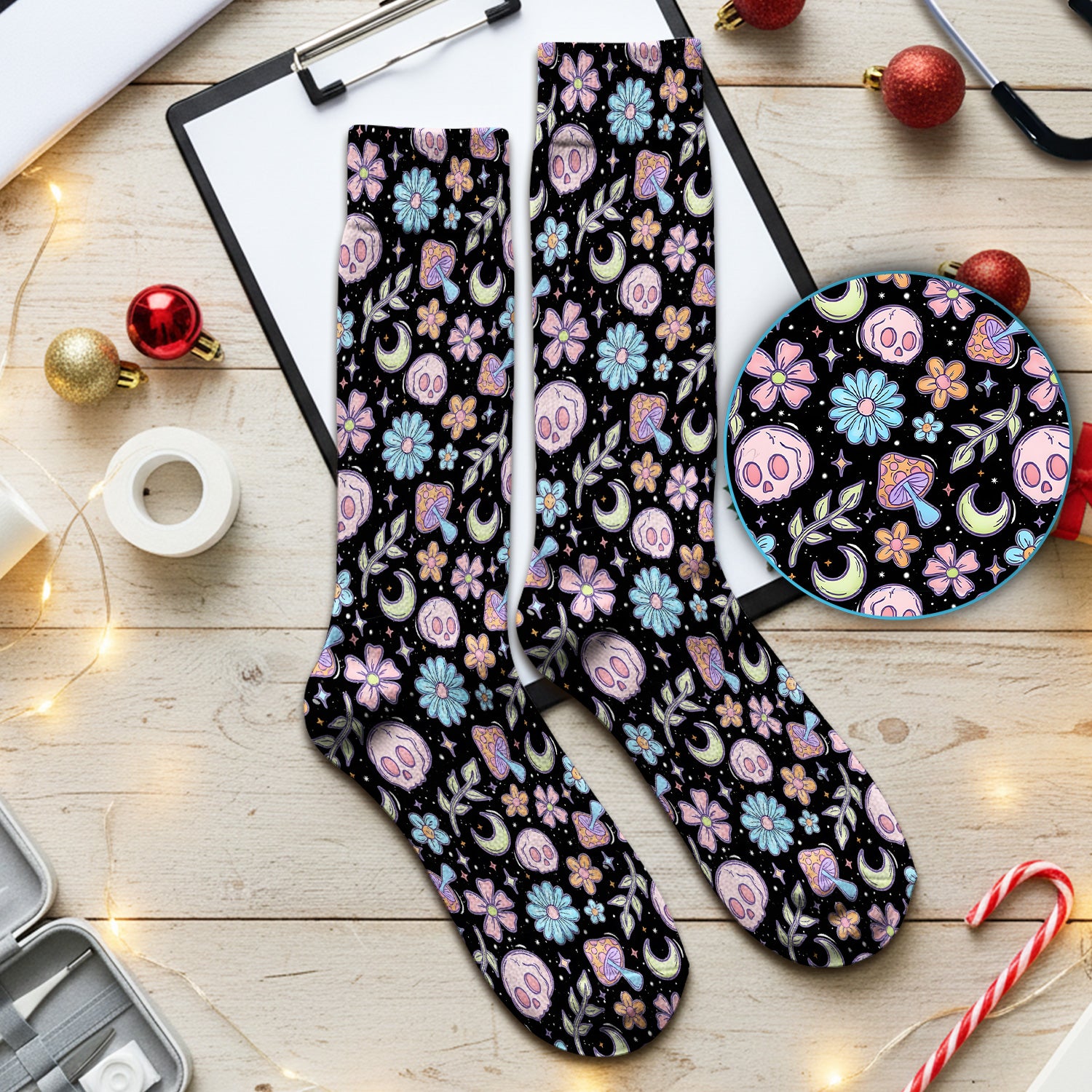 Neon Skull Mushroom Floral Pattern Socks, Breathable Fabrics Medical Uniform