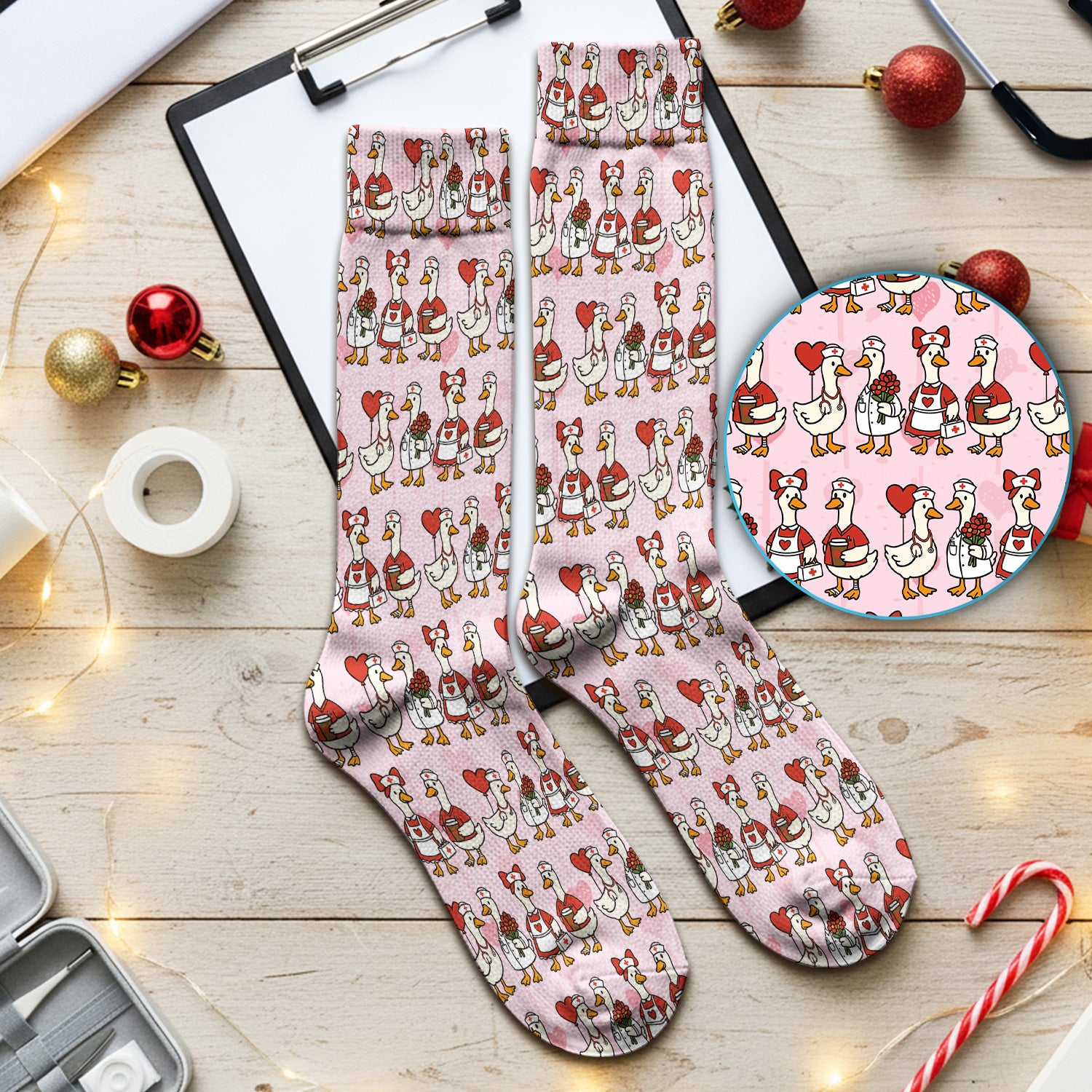 Valentine Nurse Goose with Heart Pattern Socks, Adult Socks for Men and Women
