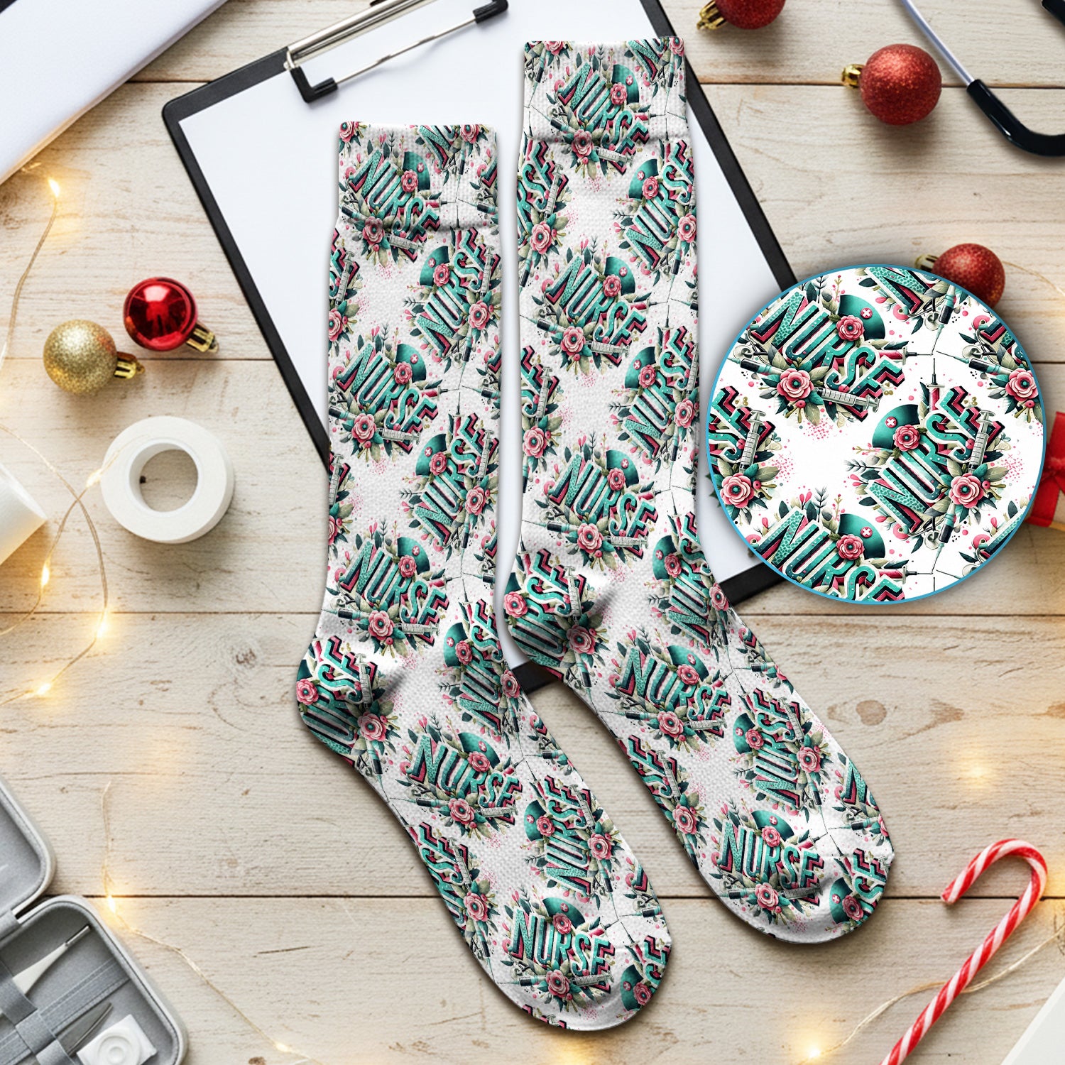 Cute Nurse Typography Floral Medical Pattern Socks, Breathable Fabrics Medical Uniform
