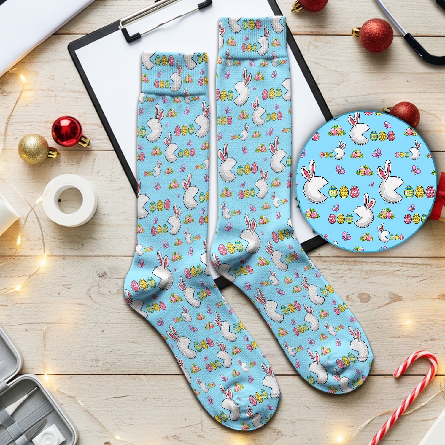 Easter Bunny and Colorful Eggs Print Socks, Breathable Fabrics Medical Uniform
