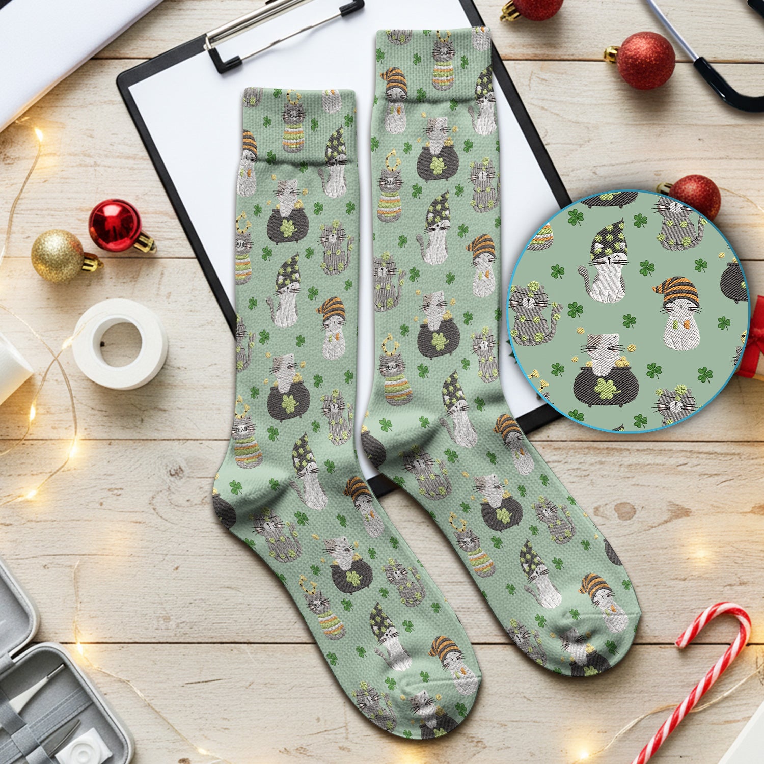 St. Patrick’s Day Scrub Socks, Lucky Cat With Shamrock Pattern Sock, Breathable Fabrics Nursing Uniform