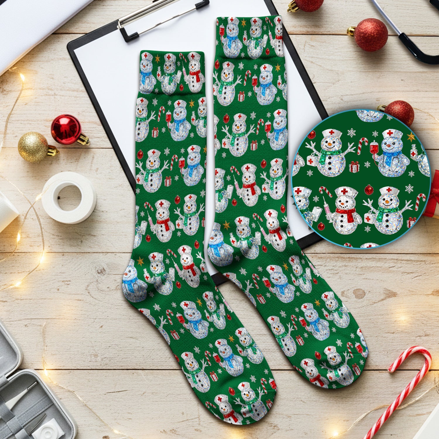 Nurse Snowman Christmas Scrub Socks, Cute Holiday Medical Pattern Sock For Women, Winter Snowflake Nursing Uniform
