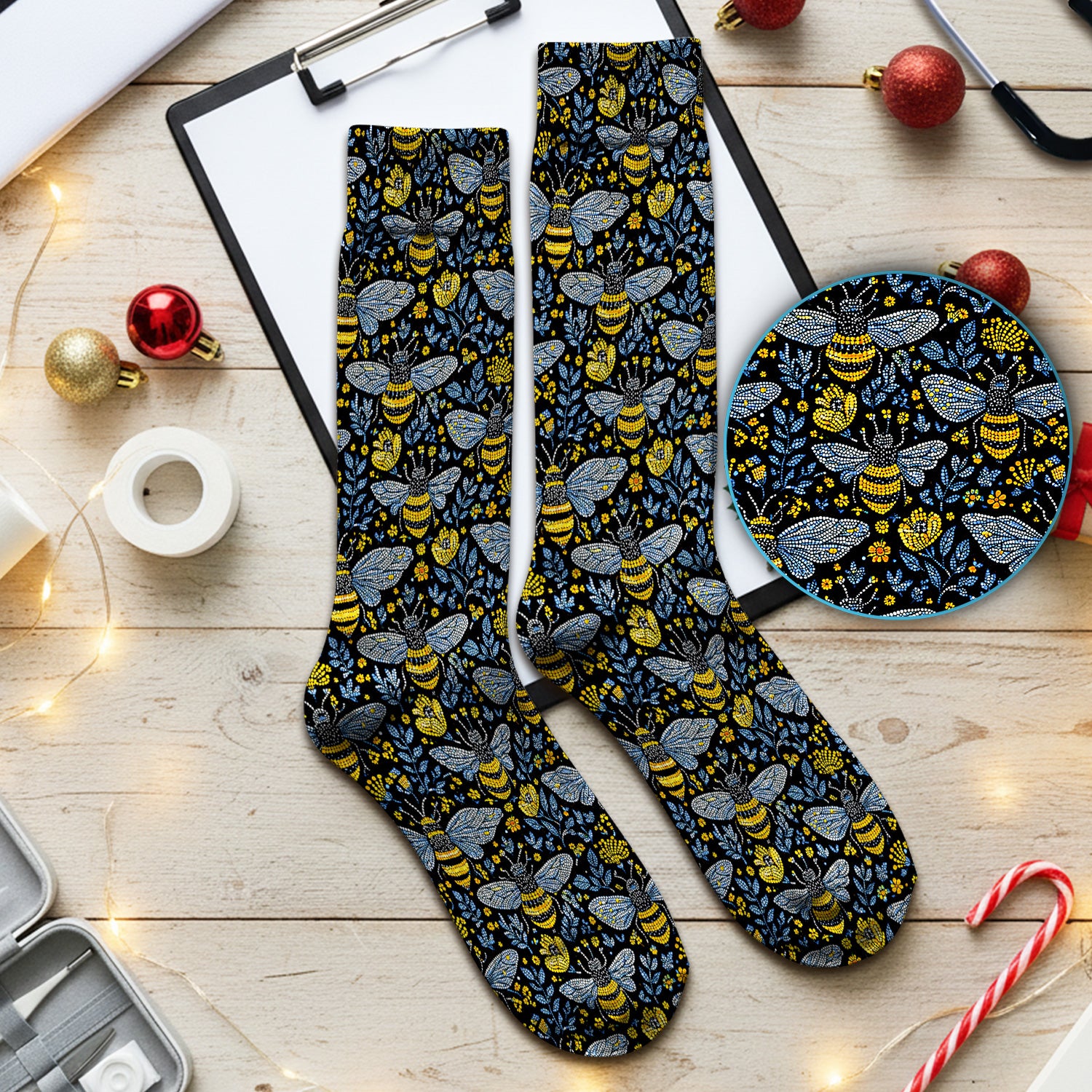 Honey Bee And Wildflower Garden Pattern Socks, Breathable Fabrics Medical Uniform