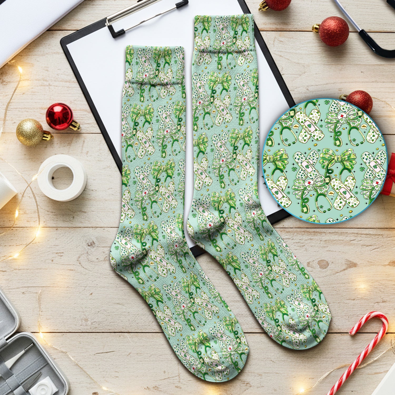 St Patrick Shamrock Stethoscope Bow Print Socks, Socks for Nurse Doctor