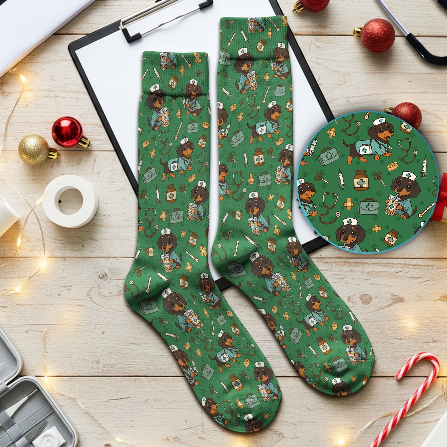 Funny Dachshund Nurse Scrubs Socks - Cute Dog Print Medical Sock - Holiday Nurse Scrub Gift for RN CNA Doctor