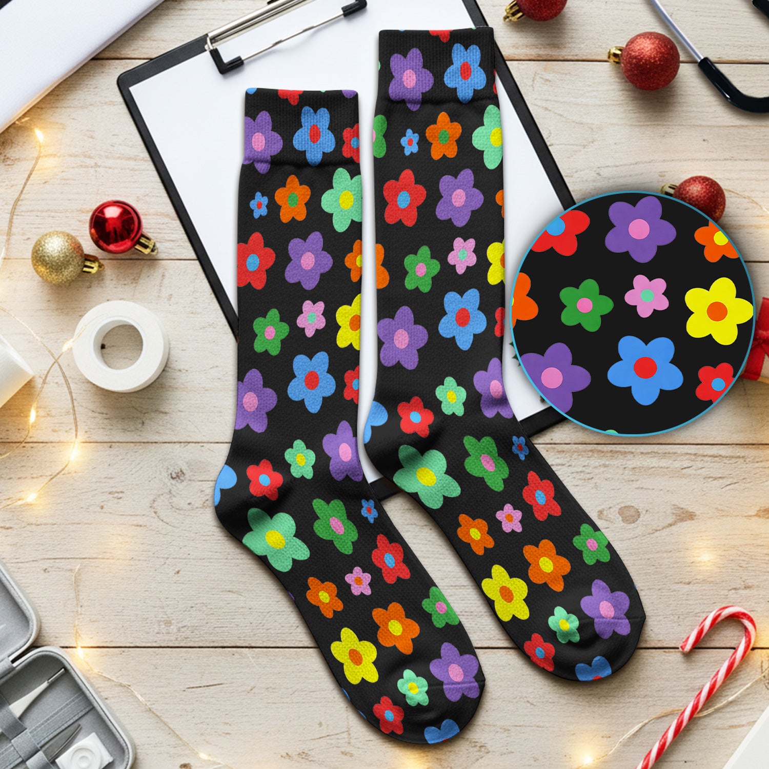 Colorful Retro Flower Pattern Print Socks, Breathable Fabrics Medical Uniform