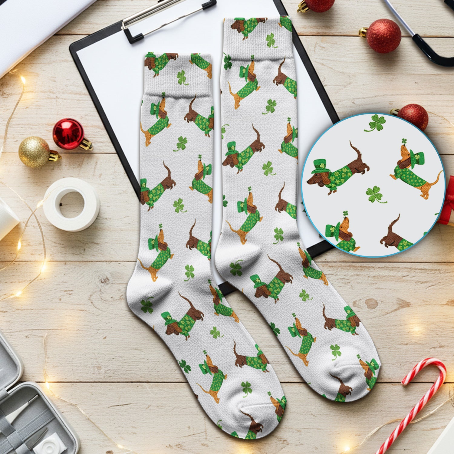 St. Patrick’s Day Dachshund Scrub Socks, Funny Wiener Dog Nurse Sock, Breathable Fabrics Nursing Uniform