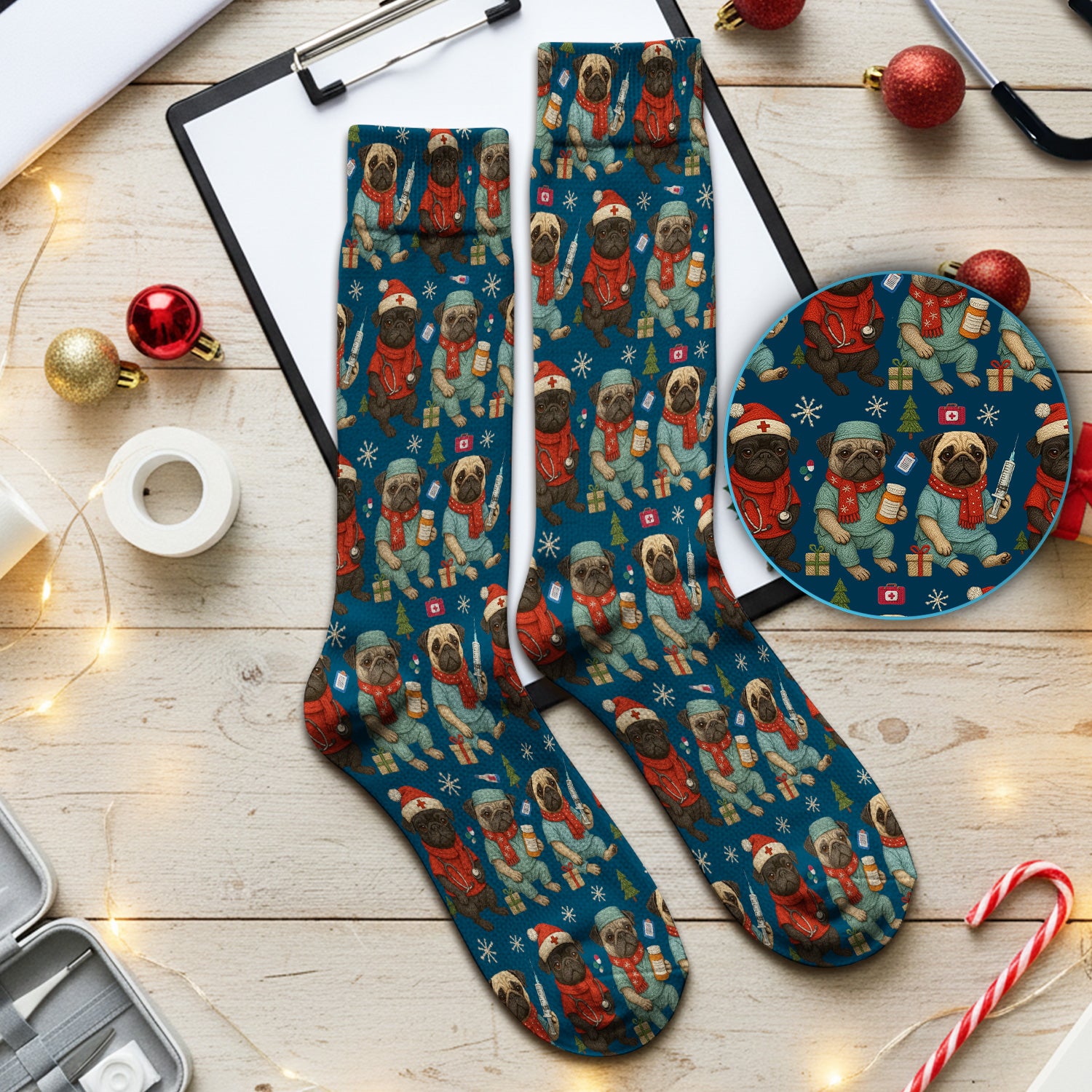 Christmas Pug Nurse Scrub Socks, Cute Holiday Dog Medical Uniform Shirt For Nursing