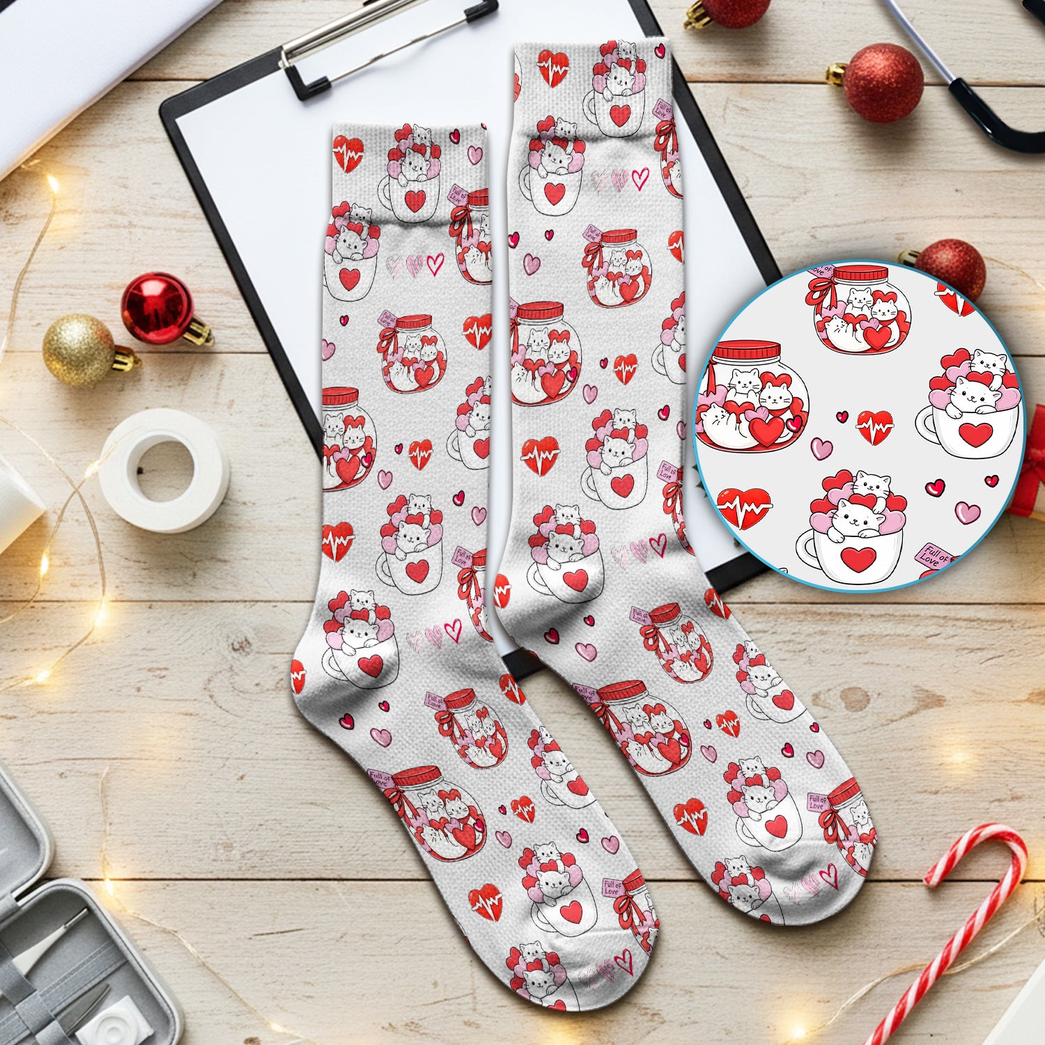 Cute Cat Valentine Nurse Socks, Socks for Nurse Doctor Breathable Fabric