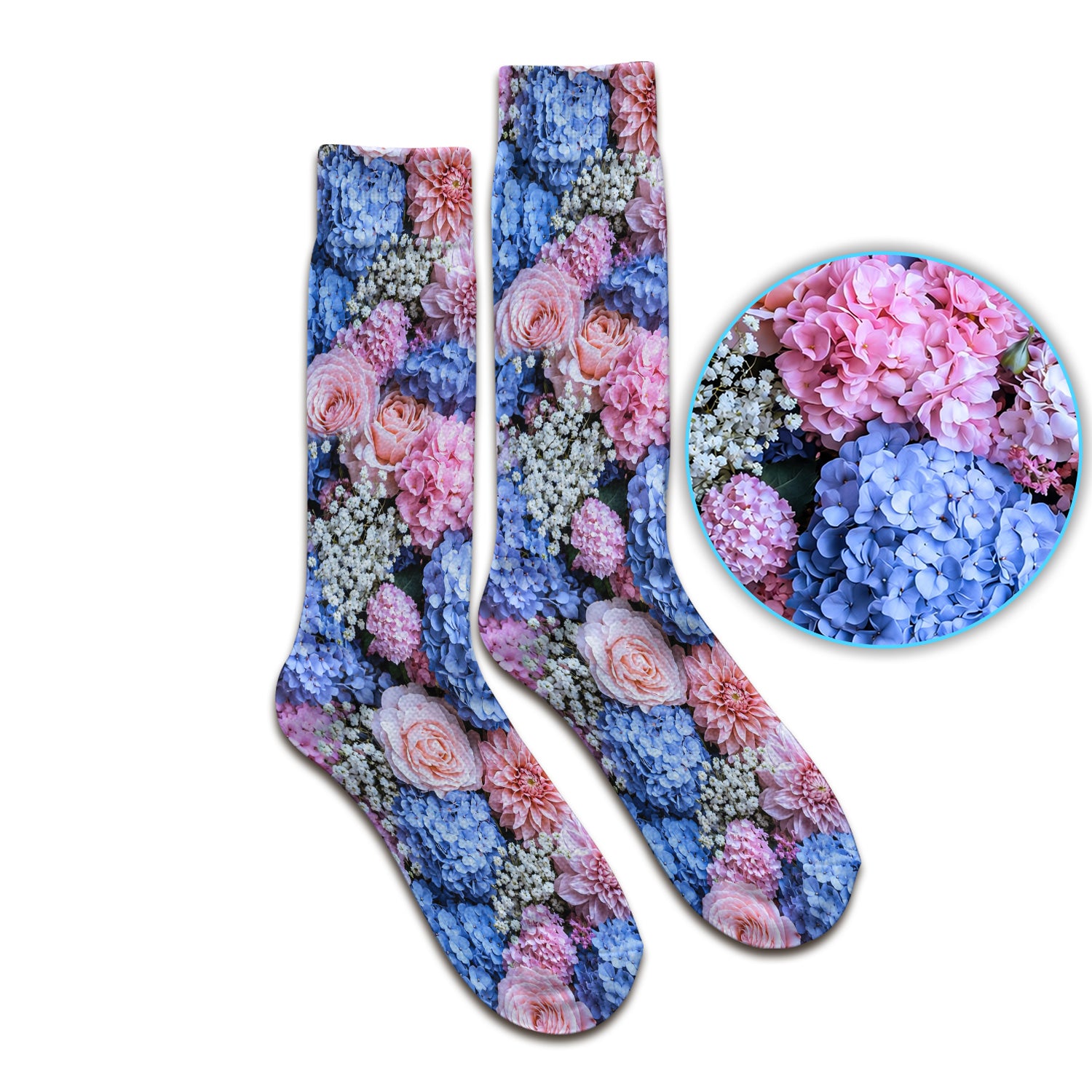 Cute Pastel Hydrangea Rose Blossom Pattern Socks, Adult Socks for Men and Women