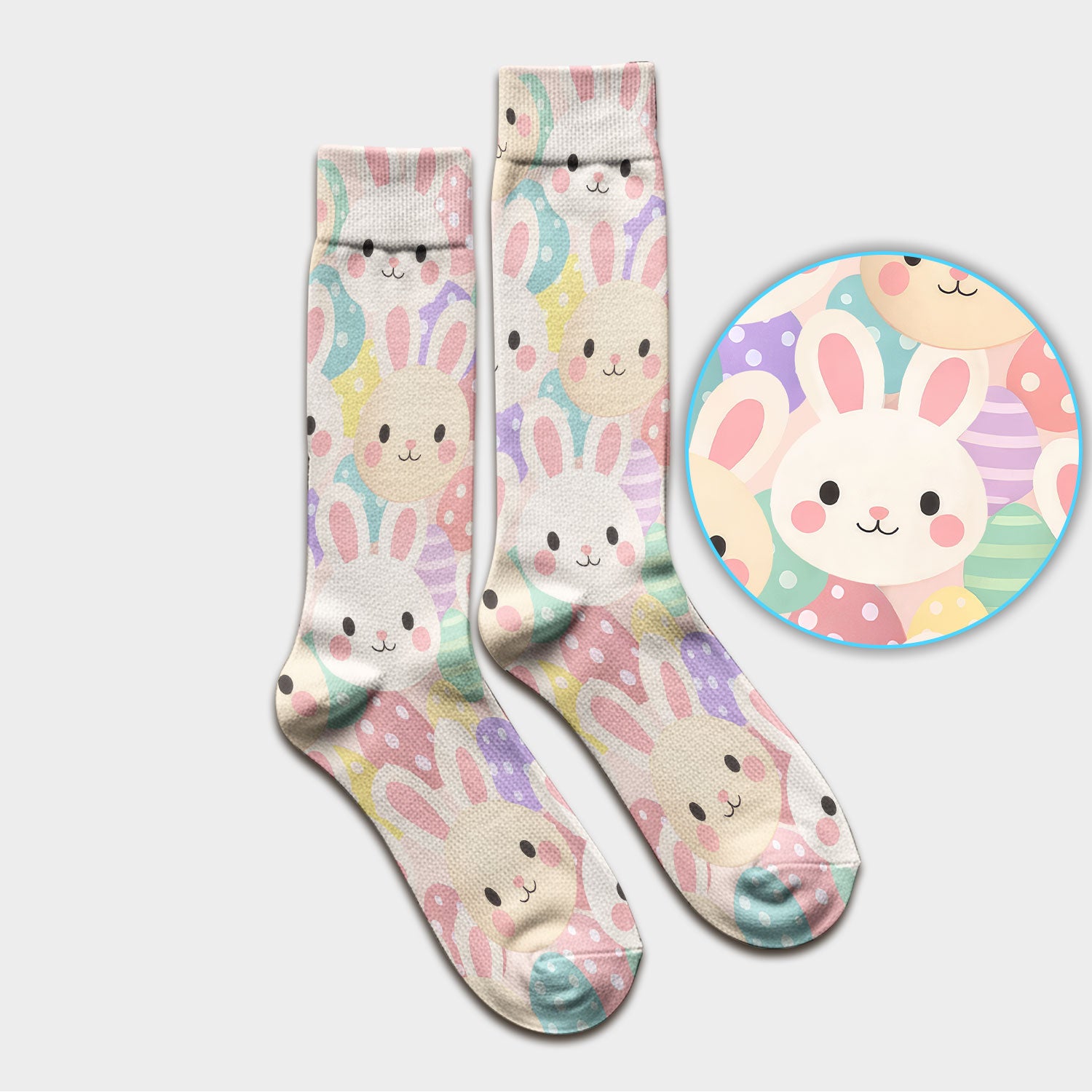 Pastel Bunny Faces Easter Eggs Pattern Socks, Adult Socks for Men and Women