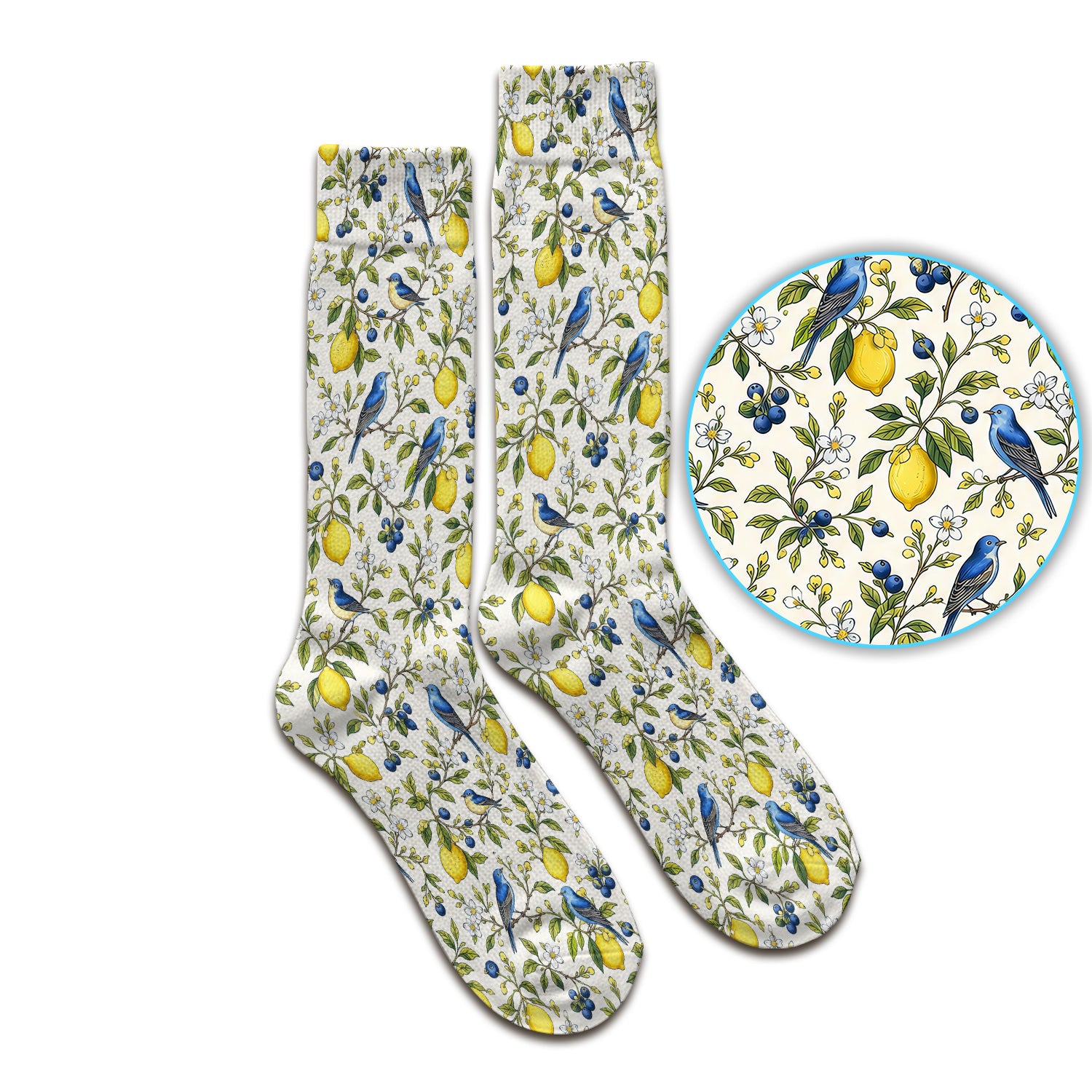 Bluebird Lemon Blossom Pattern Socks, Adult Socks for Men and Women