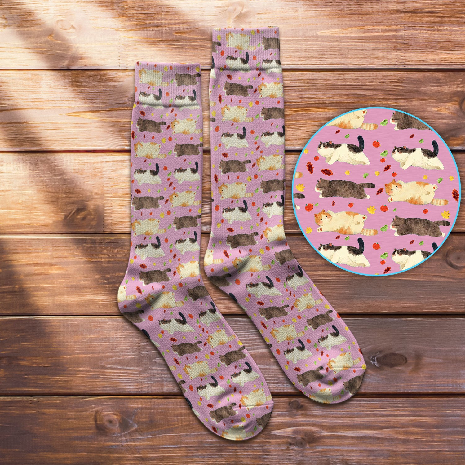 Chubby Cat Autumn Leaves Print Socks, Breathable Fabrics Medical Uniform