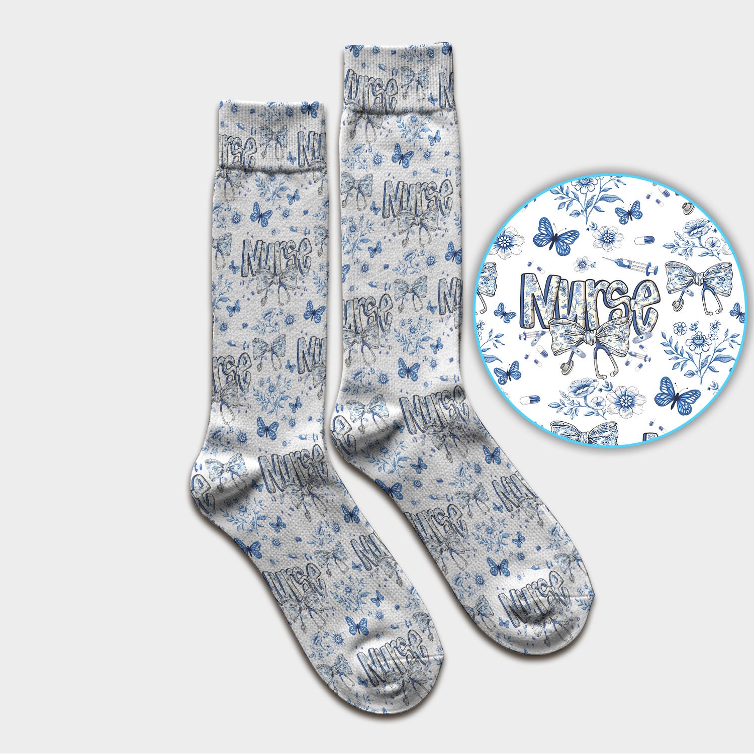 Blue Nurse Bow Floral Butterfly Pattern Socks, Breathable Fabrics Medical Uniform