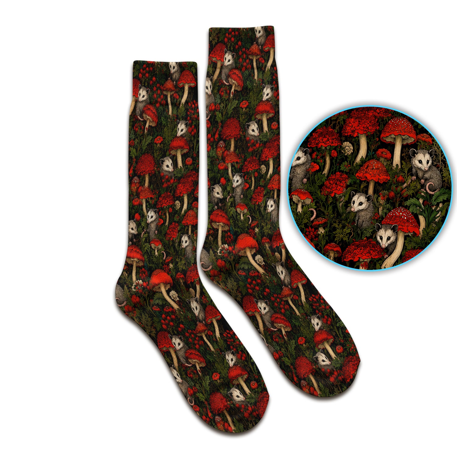 Woodland Opossum Red Mushroom Pattern Socks, Adult Socks for Men and Women