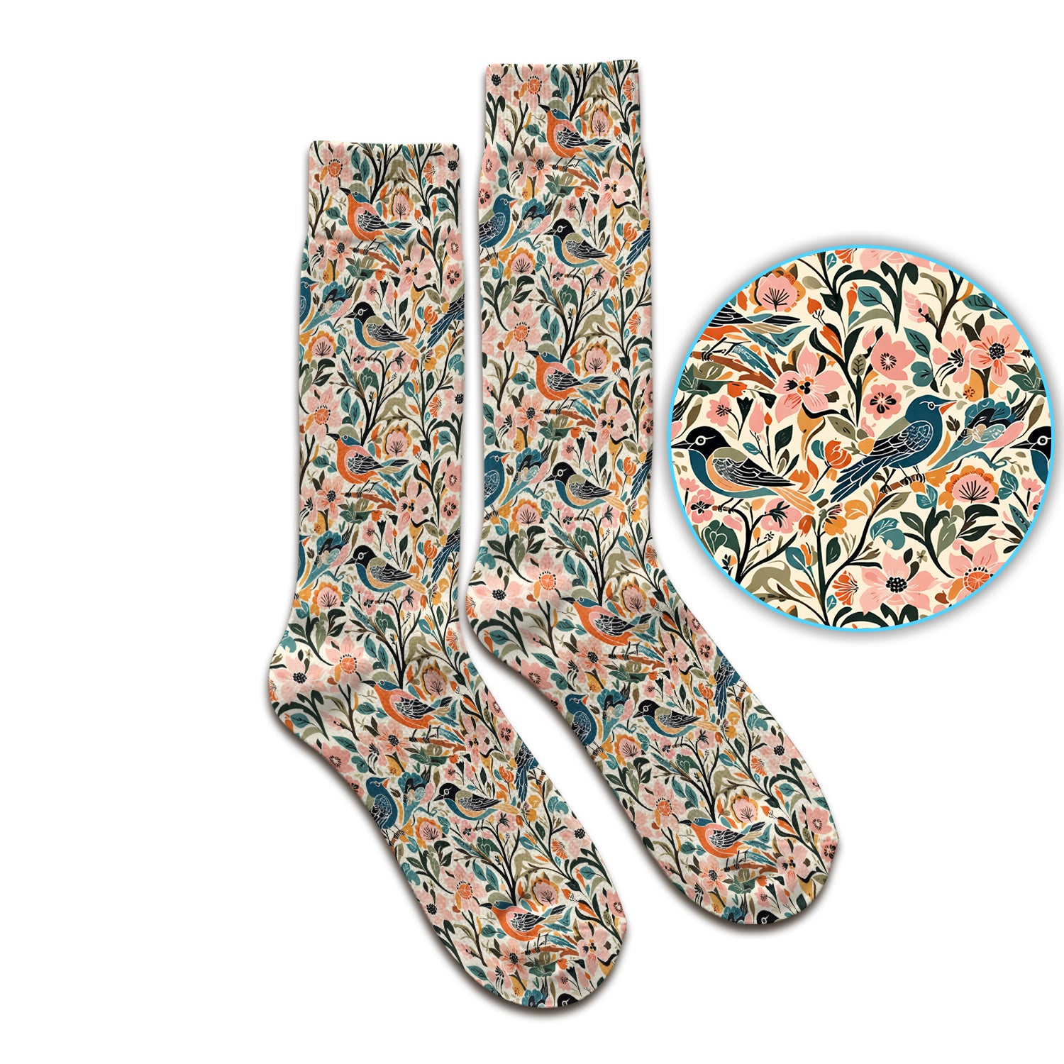 Folk Art Songbird Floral Pattern Socks, Adult Socks for Men and Women