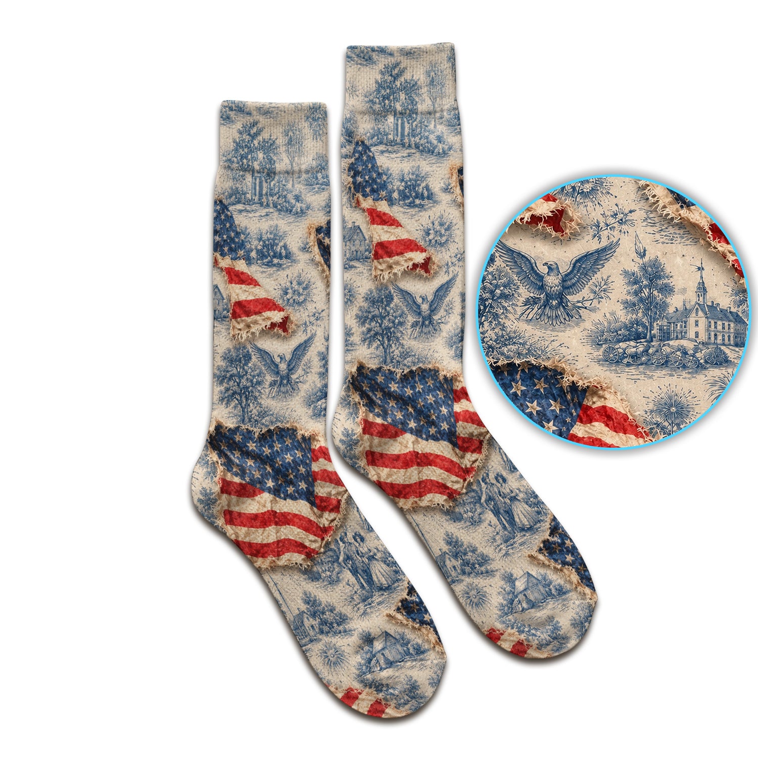 Vintage American Flag Toile Pattern Socks, Adult Socks for Men and Women