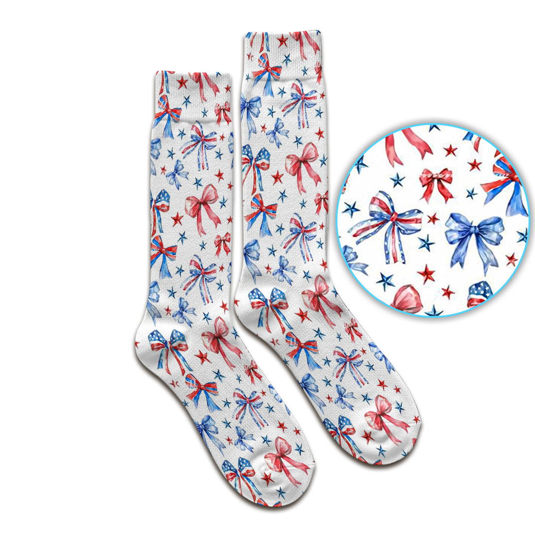 Festive Patriotic Ribbon Bow Star Pattern Socks, Adult Socks for Men and Women