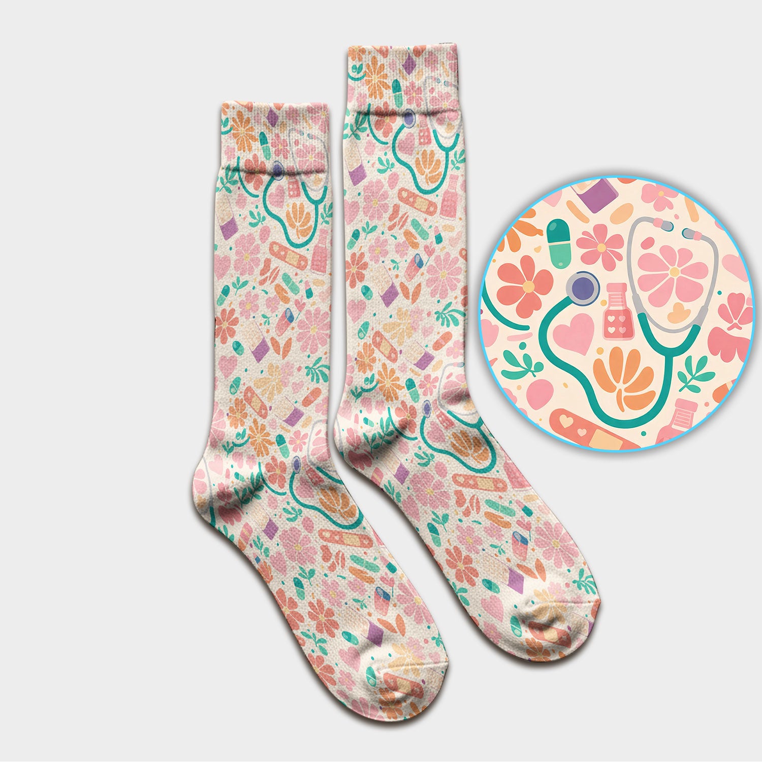 Cute Medical Floral Pattern Socks, Socks for Nurse Doctor