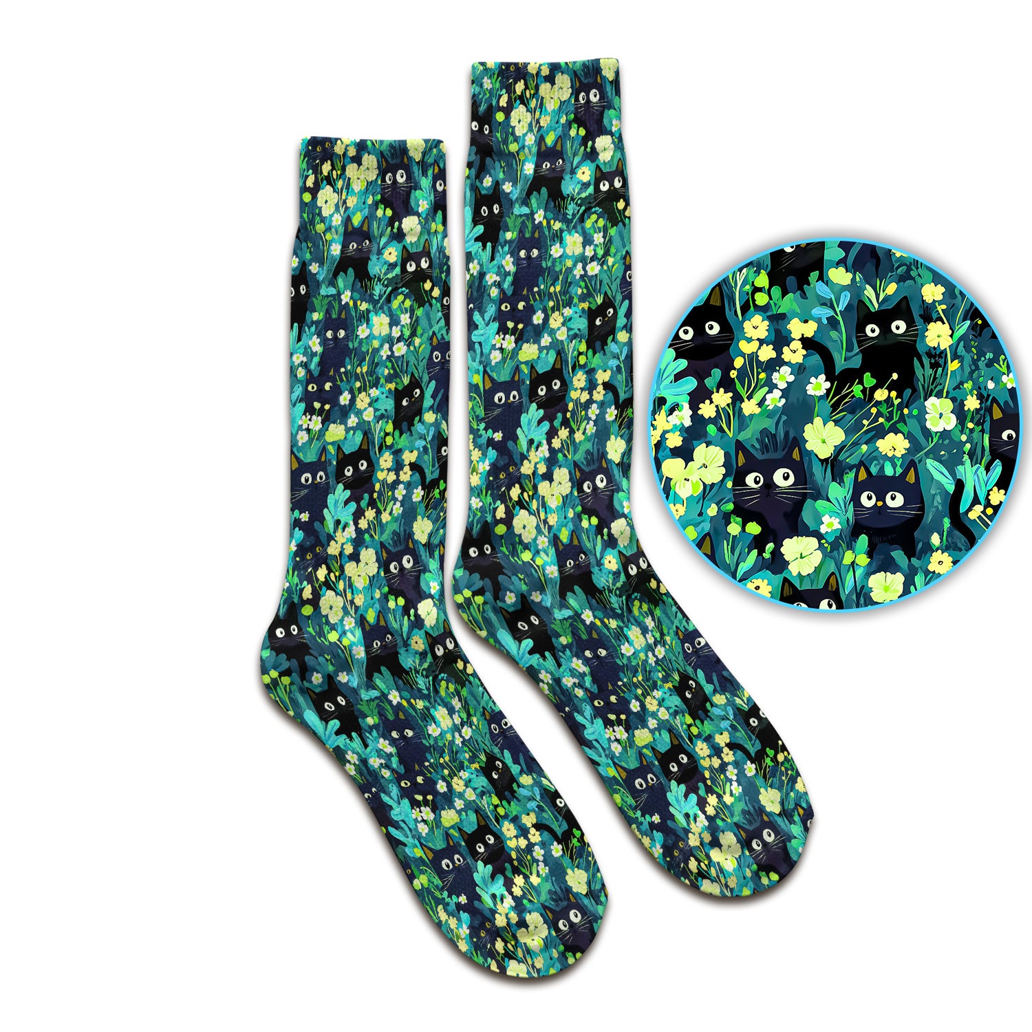 Black Cat Floral Pattern Socks, Adult Socks for Men and Women
