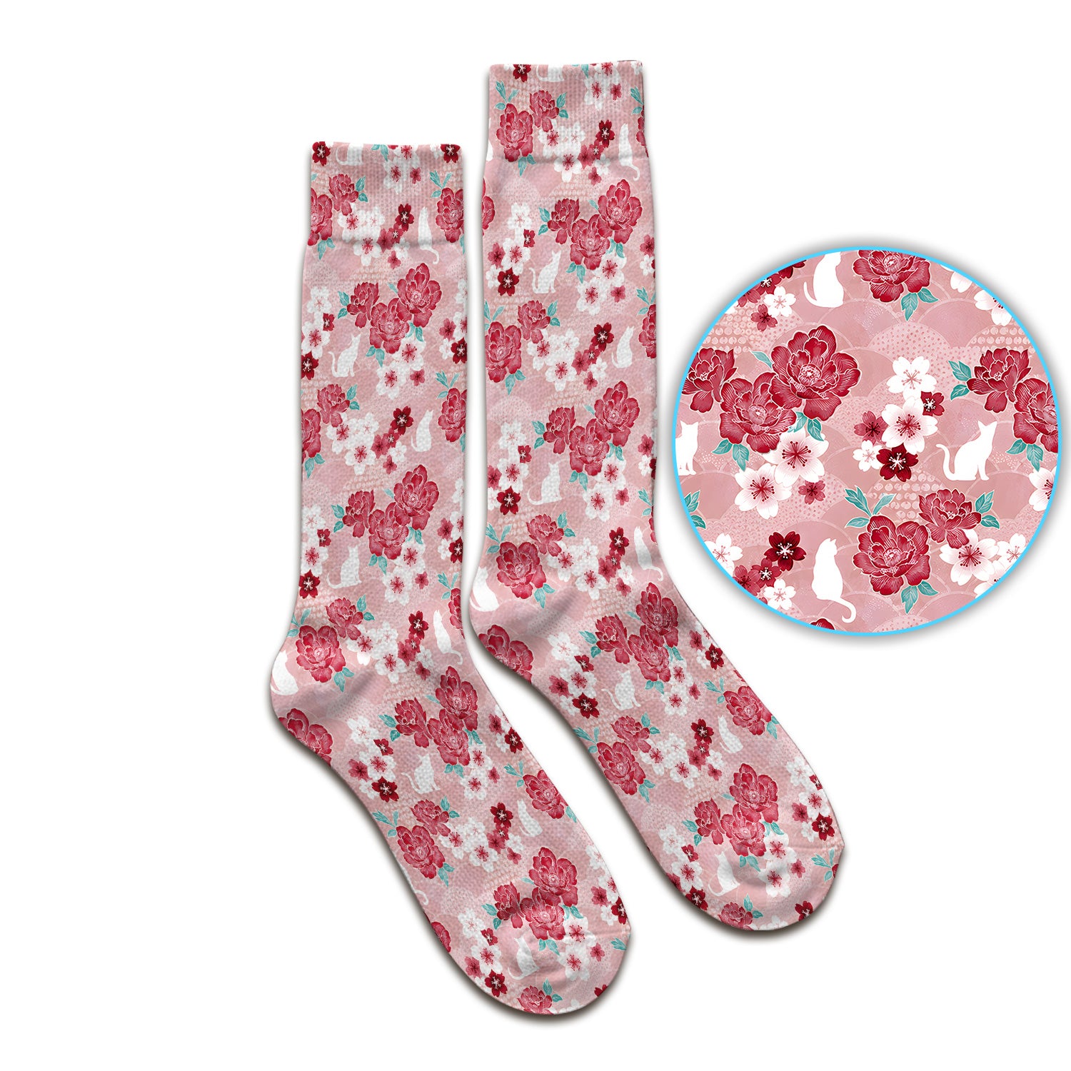 Floral White Cat Nurse Socks, Adult Socks for Men and Women