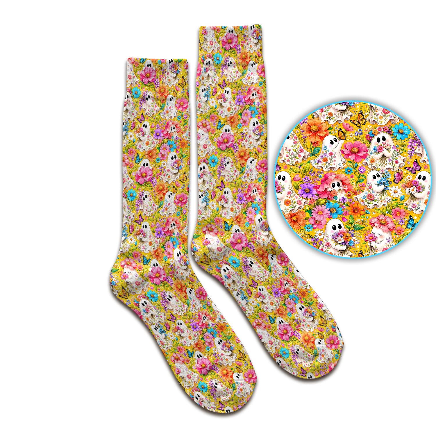 Cute Floral Ghosts And Butterflies Socks, Adult Socks for Men and Women