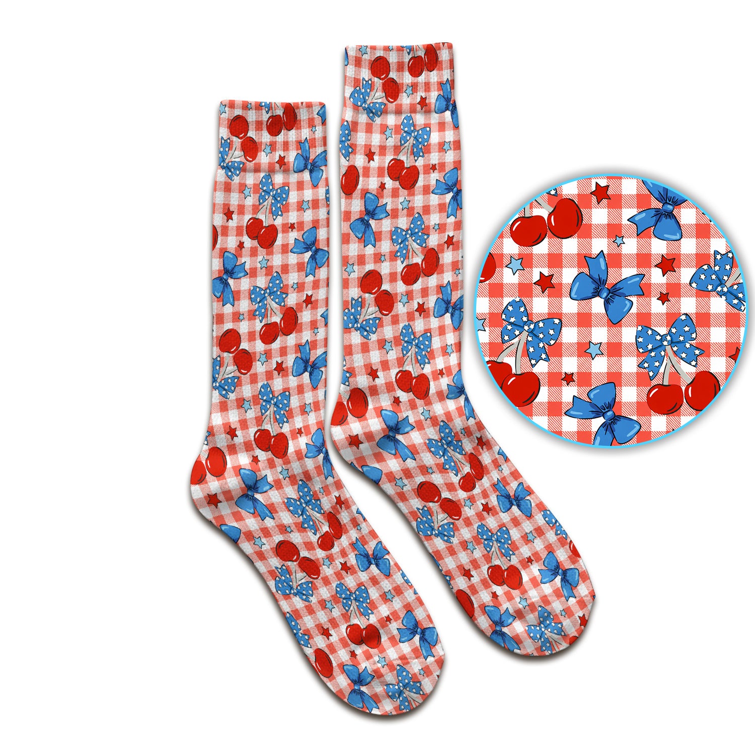Cute Patriotic Cherry Bow Checkered Pattern Socks, Adult Socks for Men and Women