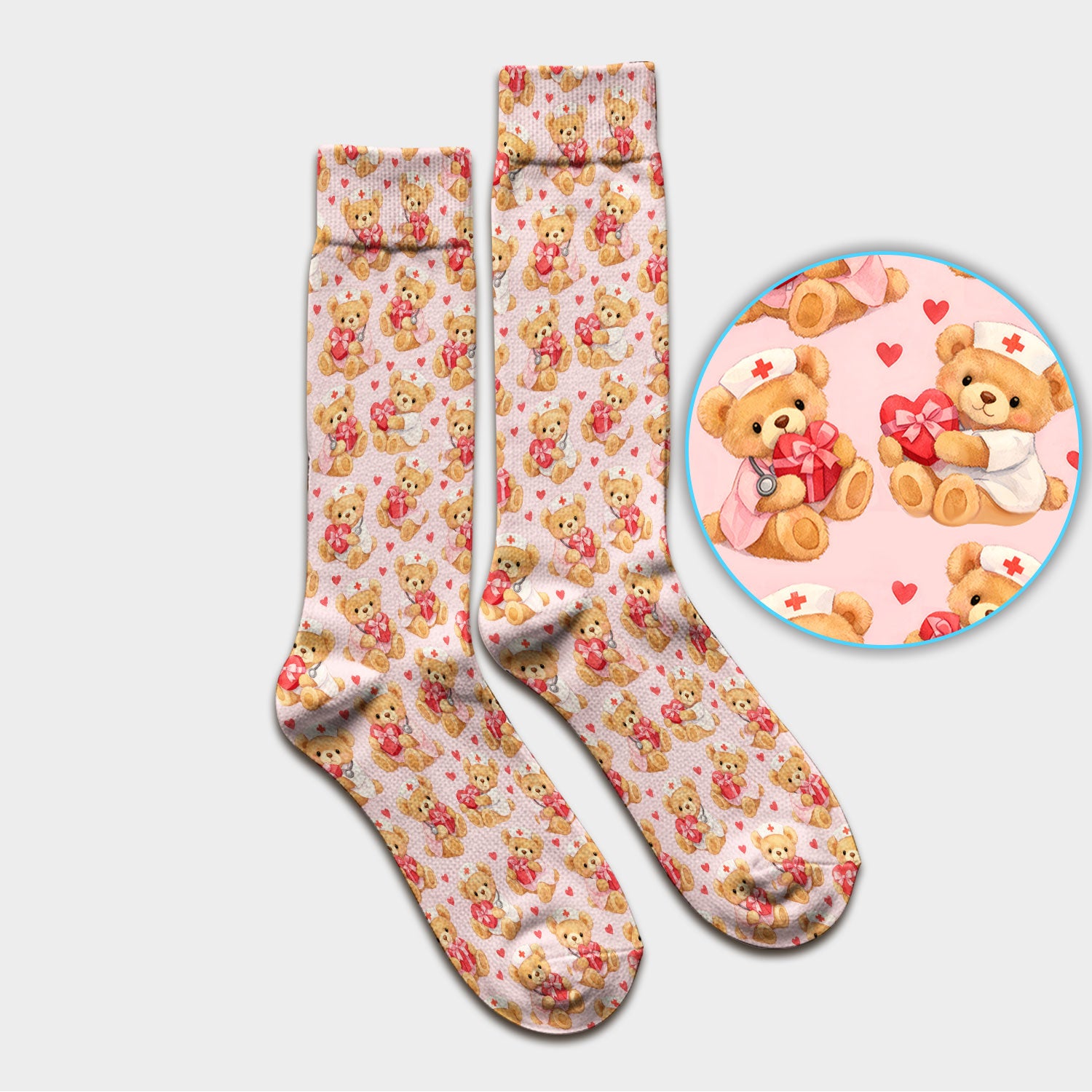 Valentine Teddy Pattern Scrub Socks, Bear And Heart Medical Nurse Scrub Sock, Breathable Fabrics Nursing Uniform