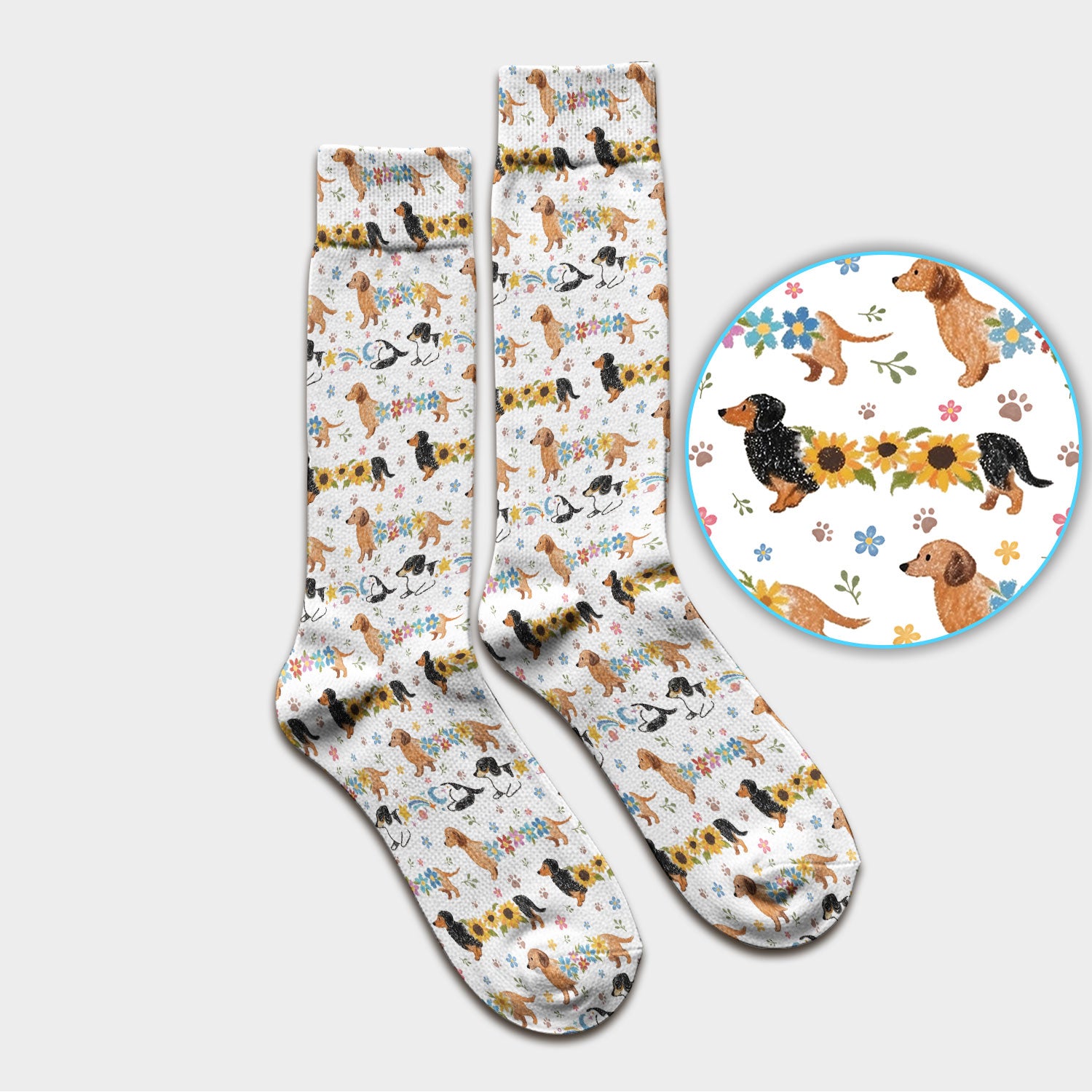 Floral Wiener Dog Pattern Socks, Adult Socks for Men and Women
