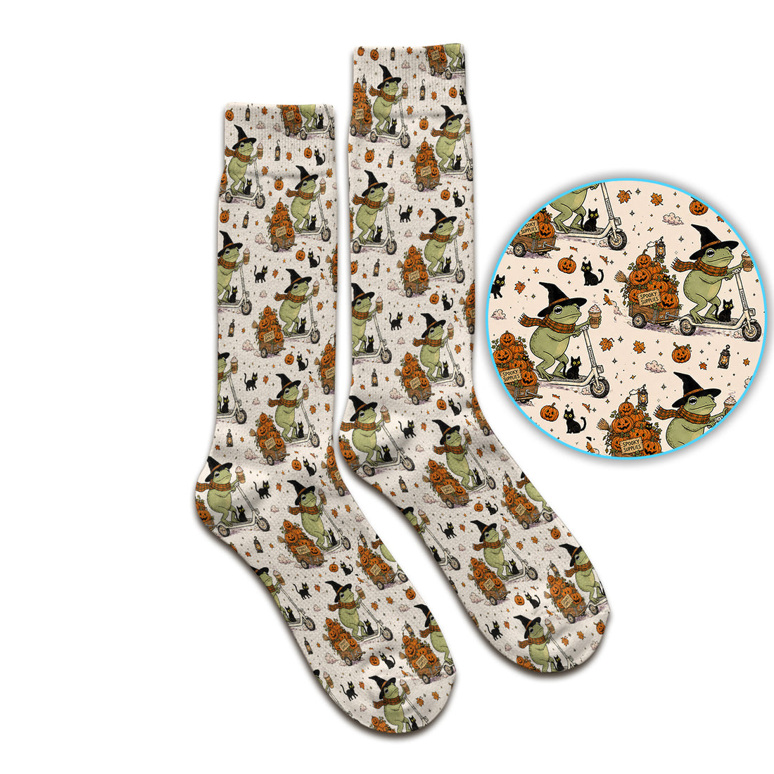 Cute Halloween Witch Frog And Pumpkins Socks, Adult Socks for Men and Women