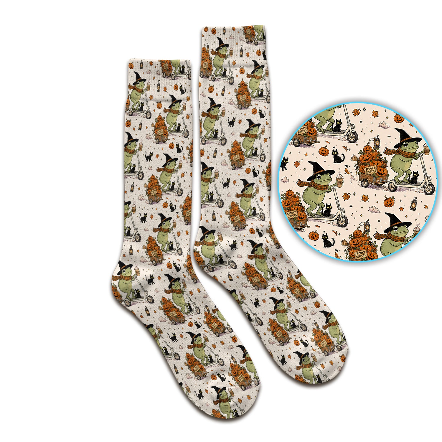 Cute Halloween Witch Frog And Pumpkins Socks, Adult Socks for Men and Women