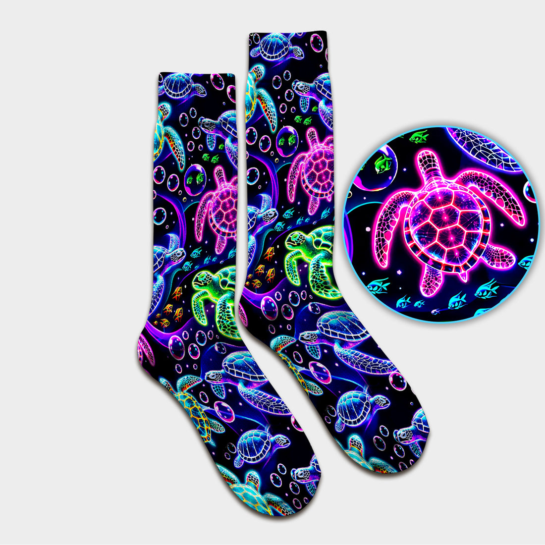 Neon Sea Turtle Swimming Bubble Ocean Socks, Adult Socks for Men and Women