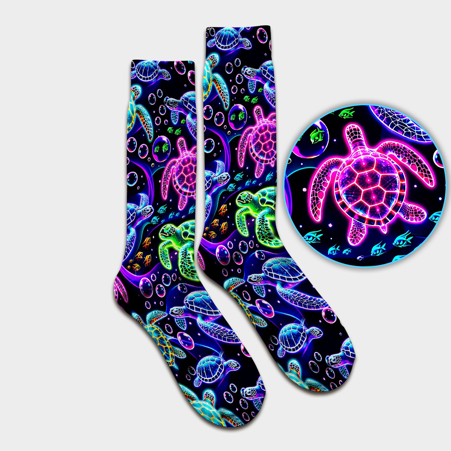 Neon Sea Turtle Swimming Bubble Ocean Socks, Adult Socks for Men and Women